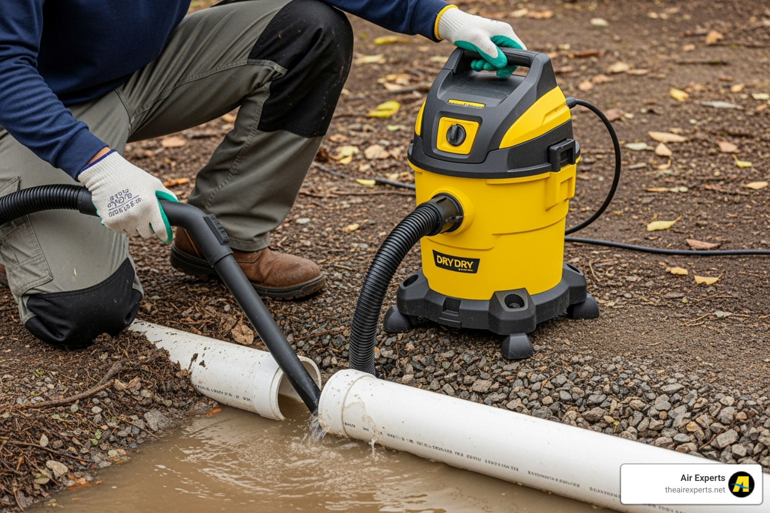 Person using a wet/dry vacuum on an outdoor PVC pipe - AC drain line clogged