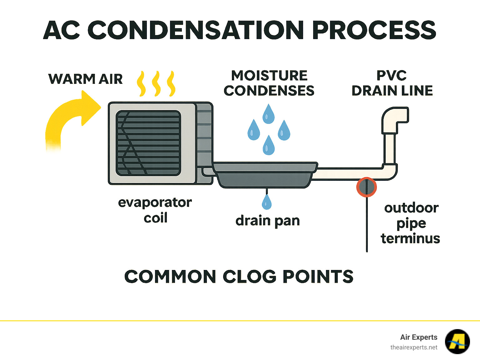 Infographic showing AC condensation process: warm air enters evaporator coil, moisture condenses into water droplets, water collects in drain pan, flows through PVC drain line to outside, with common clog points highlighted at drain pan outlet and outdoor pipe terminus - AC drain line clogged infographic 