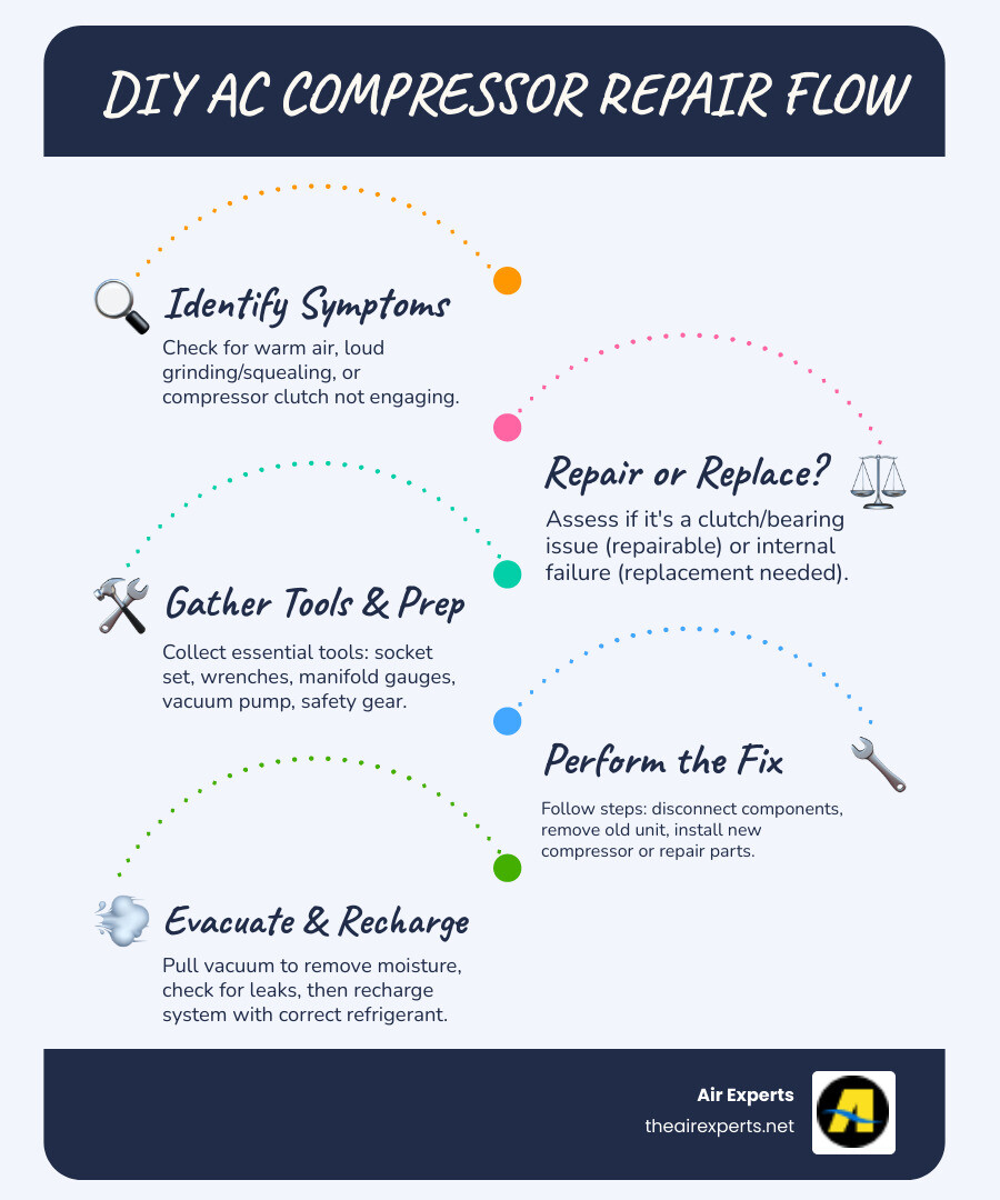 Detailed infographic showing AC compressor repair decision tree - when to repair vs replace, common symptoms like warm air and grinding noises, required tools including socket set and AC manifold gauges, and step-by-step repair process from diagnosis through refrigerant recharge - AC compressor repair infographic infographic-line-5-steps-blues-accent_colors