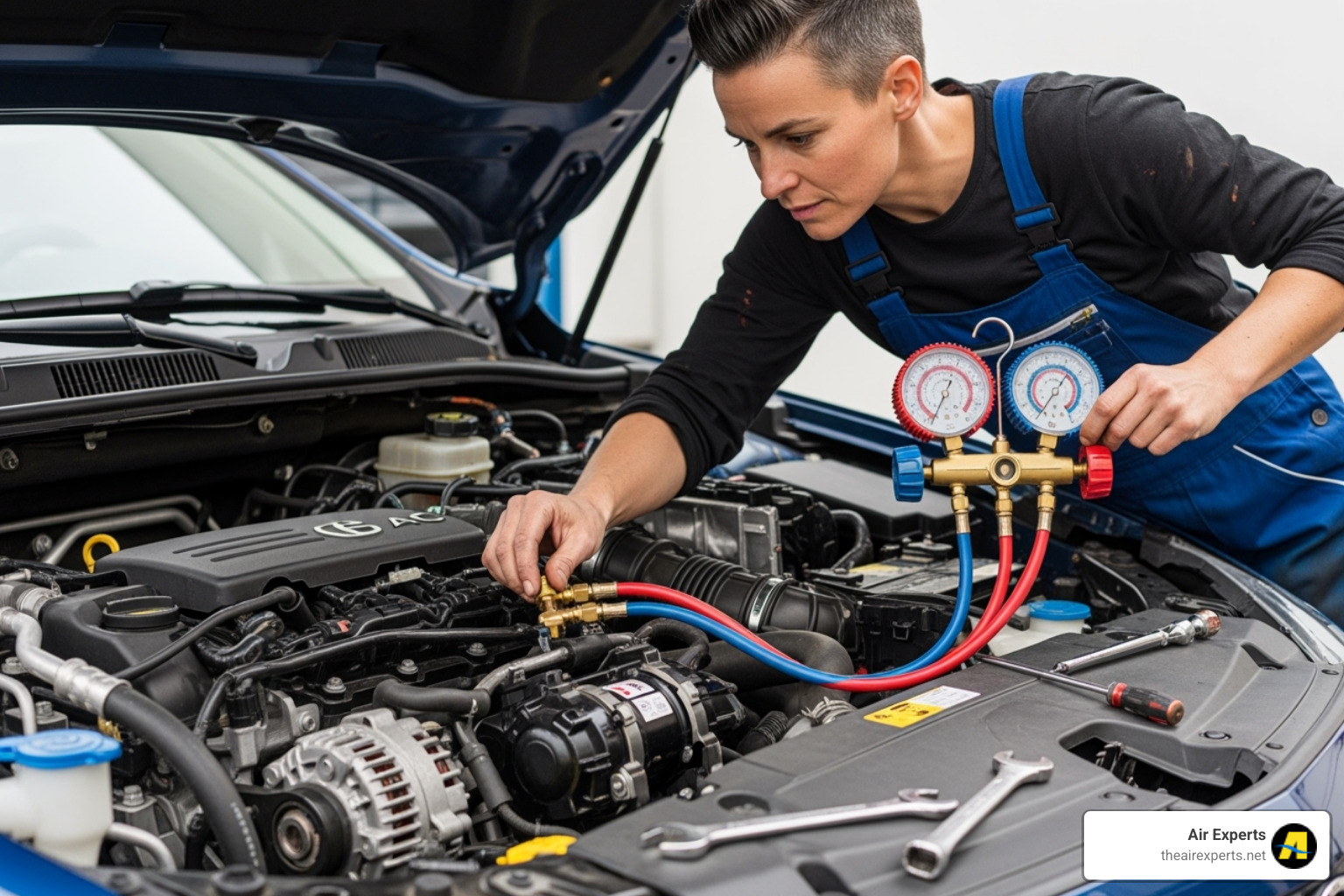 Mechanic using AC manifold gauges - AC compressor repair