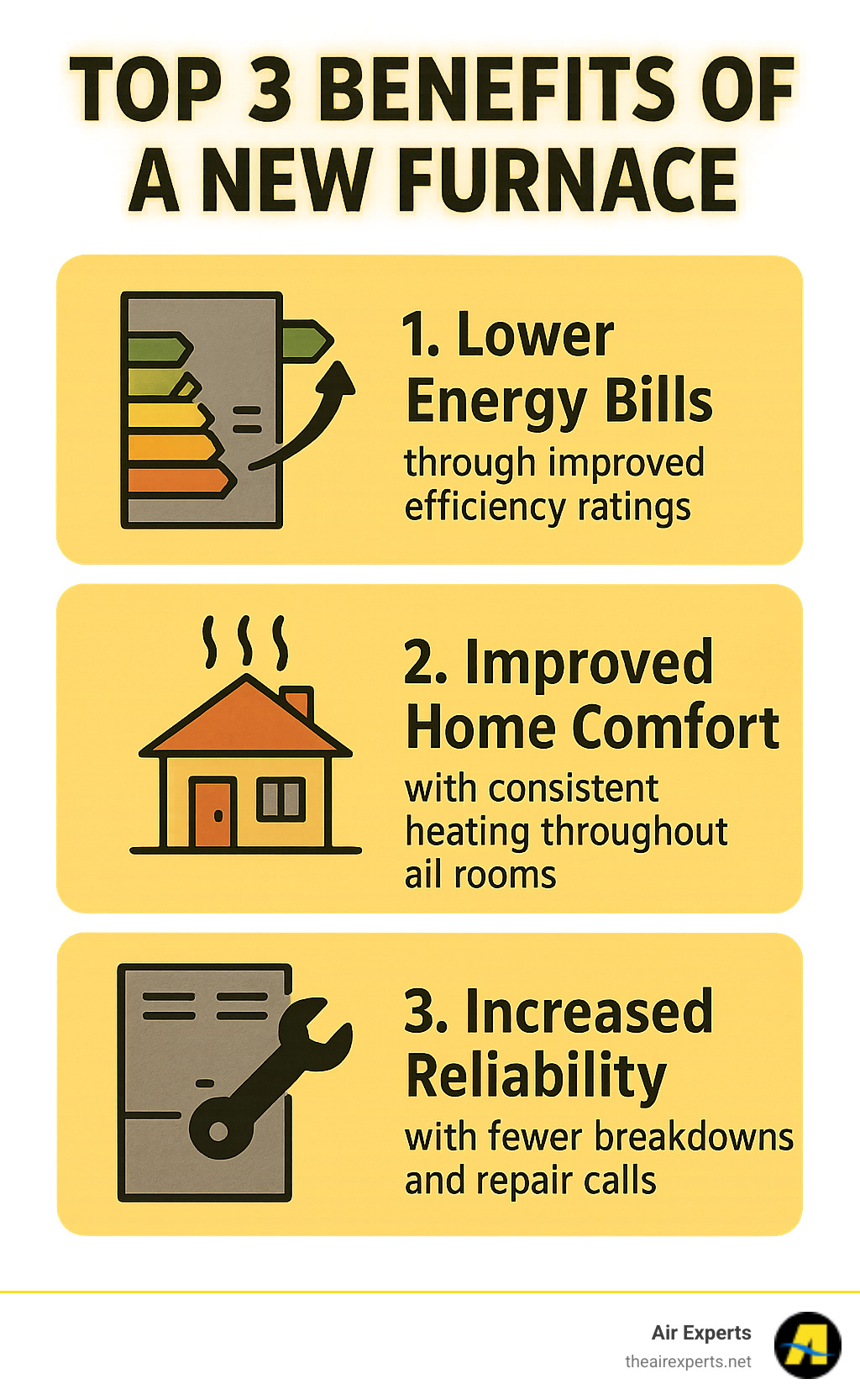 Infographic showing the top 3 benefits of a new furnace: lower energy bills through improved efficiency ratings, improved home comfort with consistent heating throughout all rooms, and increased reliability with fewer breakdowns and repair calls - furnace installation Birmingham infographic 