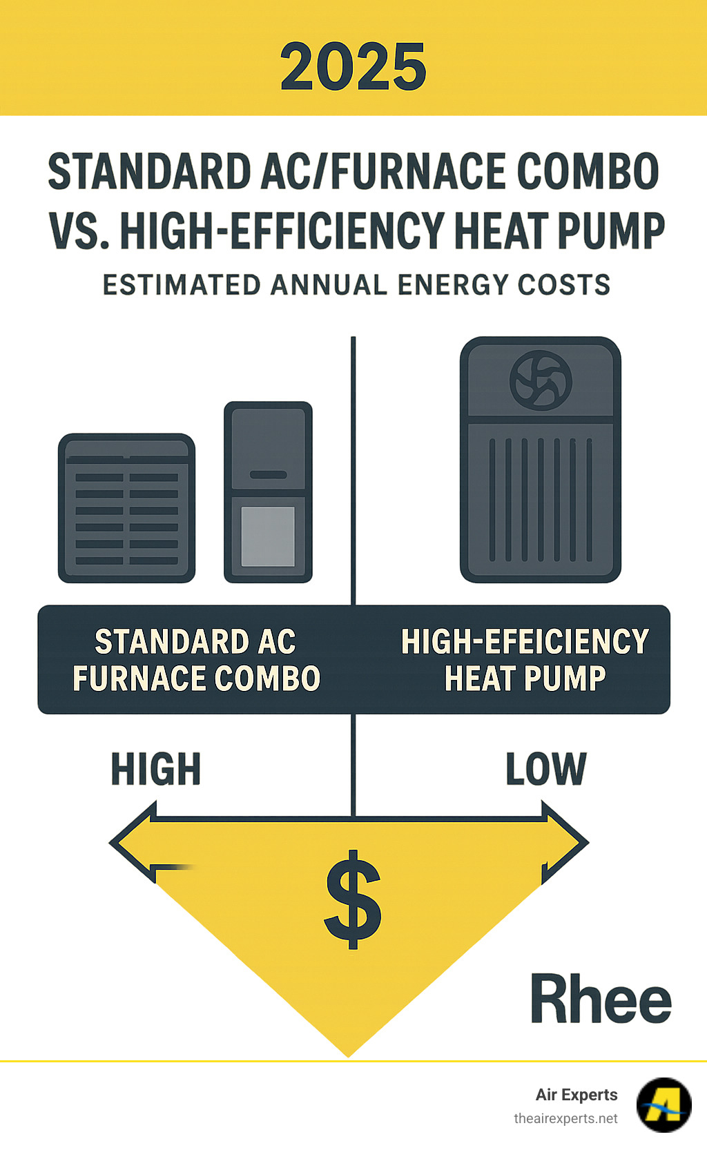 table comparing a standard AC/Furnace combo vs. a high-efficiency heat pump on estimated annual energy costs - AC and heat pump infographic 