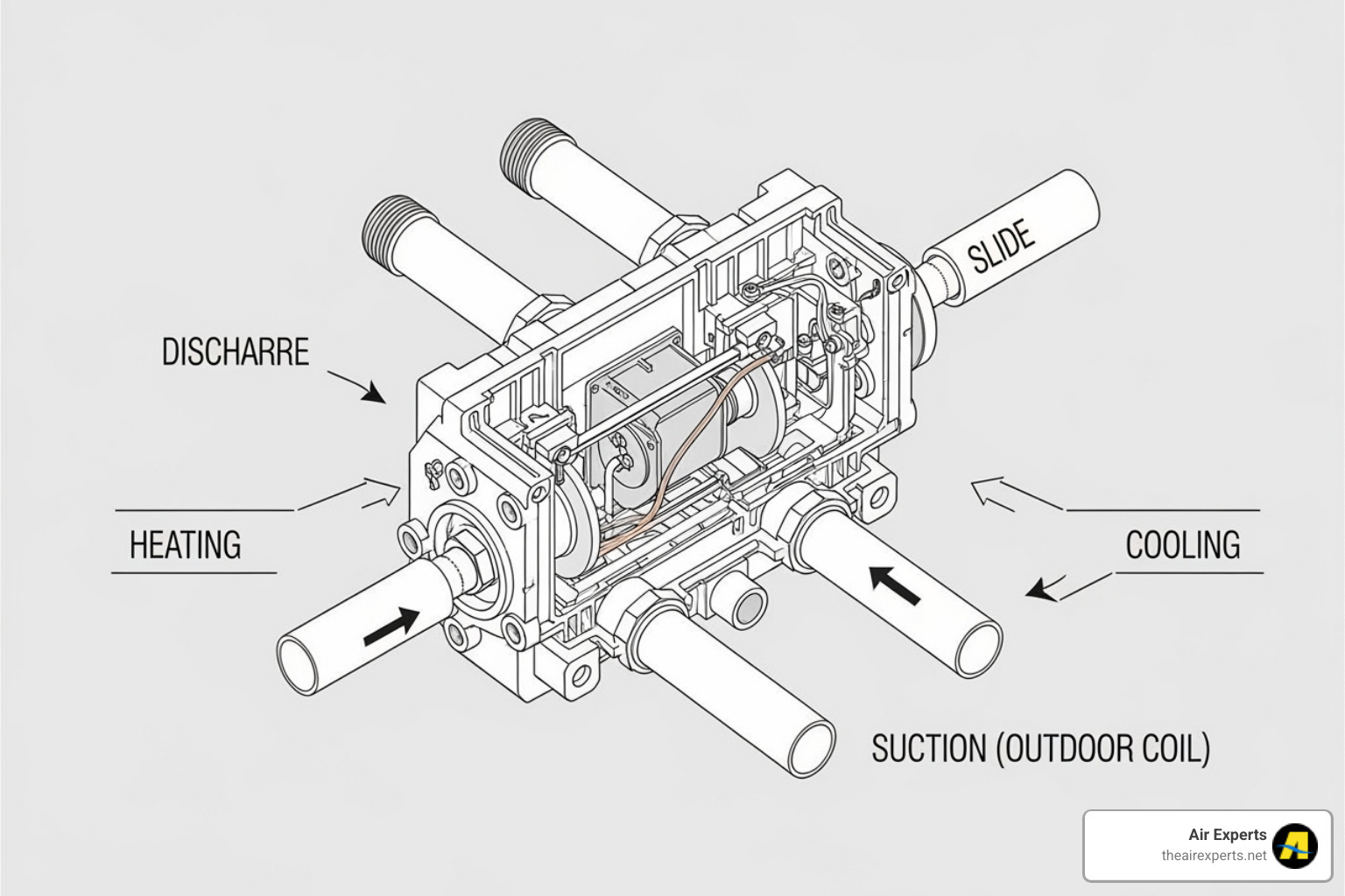 diagram showing a reversing valve in a heat pump system - AC and heat pump