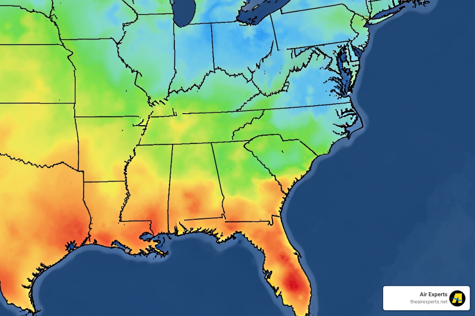 weather map showing moderate winter temperatures in the Southeast US - AC and heat pump