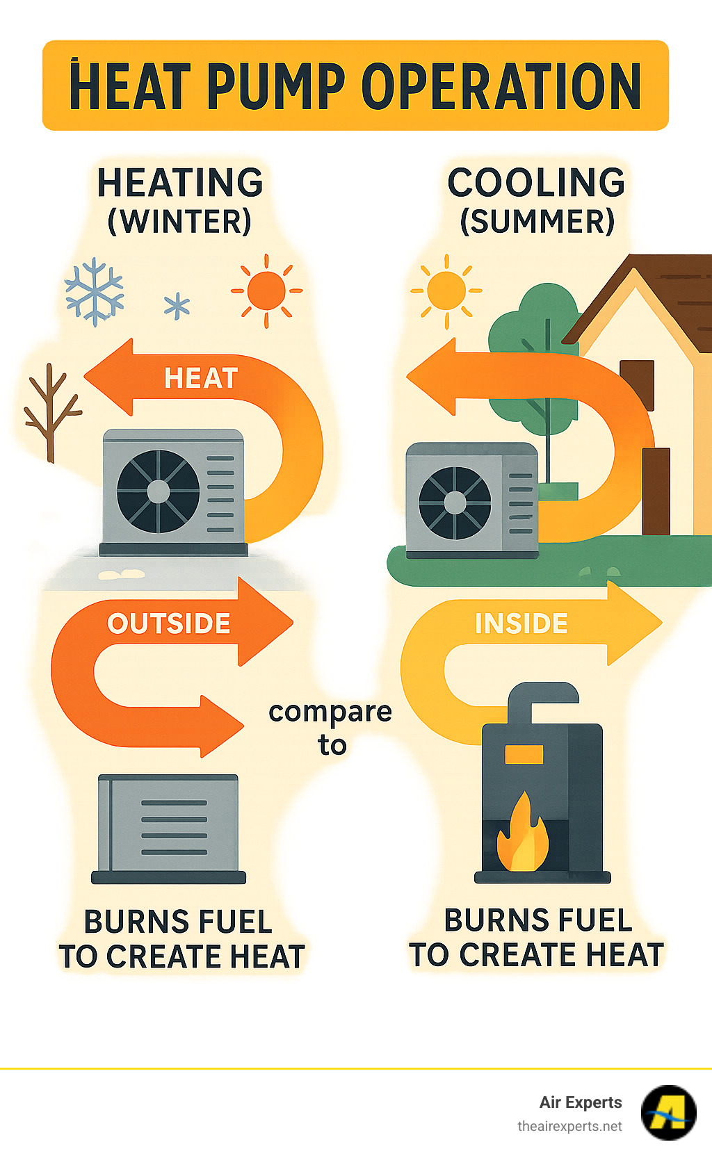 Infographic showing heat pump operation in heating and cooling modes, with arrows indicating heat movement from outside to inside in winter, and inside to outside in summer, compared to a furnace that burns fuel to create heat - AC and heat pump infographic 