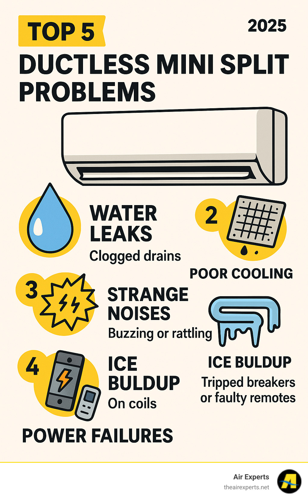Infographic showing the top 5 most common ductless mini split problems: water leaks from clogged drains, poor cooling from dirty filters, strange buzzing or rattling noises, ice buildup on coils, and power failures from tripped breakers or faulty remotes - ductless mini split problems infographic  Infographic showing the top 5 most common ductless mini split problems: water leaks from clogged drains, poor cooling from dirty filters, strange buzzing or rattling noises, ice buildup on coils, and power failures from tripped breakers or faulty remotes - ductless mini split problems infographic