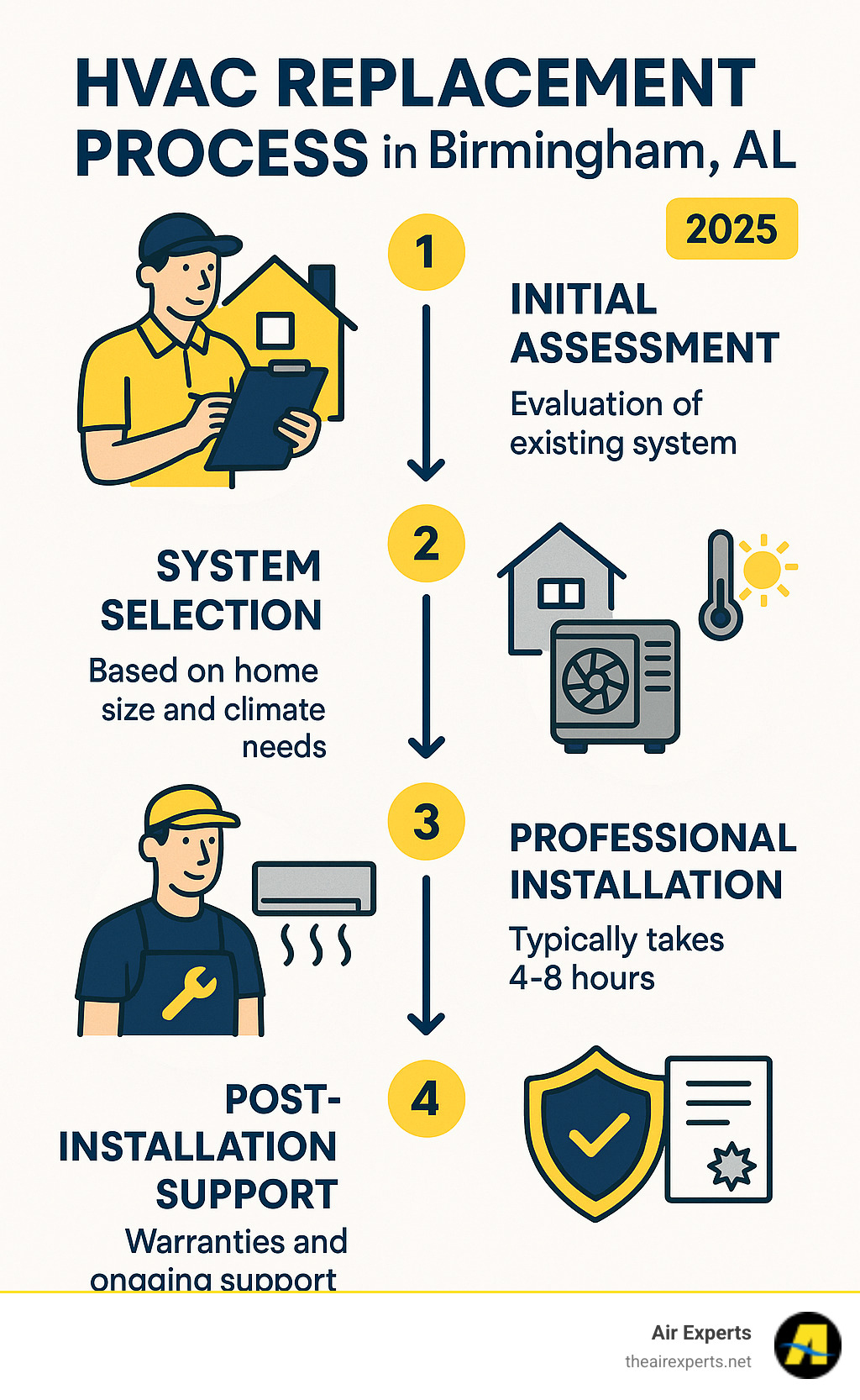 Infographic showing the HVAC replacement process in Birmingham AL, including initial assessment, system selection based on home size and climate needs, professional installation timeline, and post-installation support with warranties - hvac replacement birmingham al infographic 