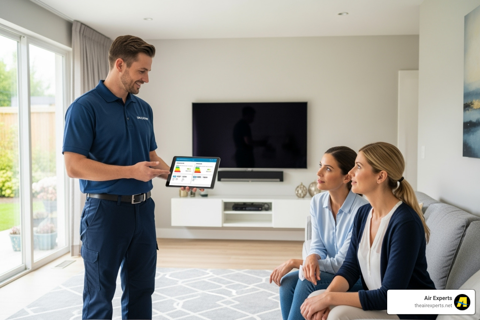 Image of a technician explaining options to a homeowner on a tablet - hvac replacement birmingham al