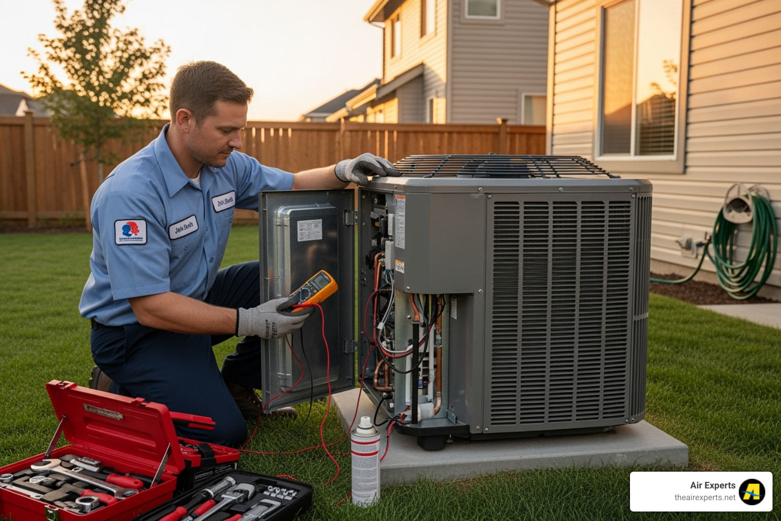 technician servicing a heat pump - AC heat pump maintenance