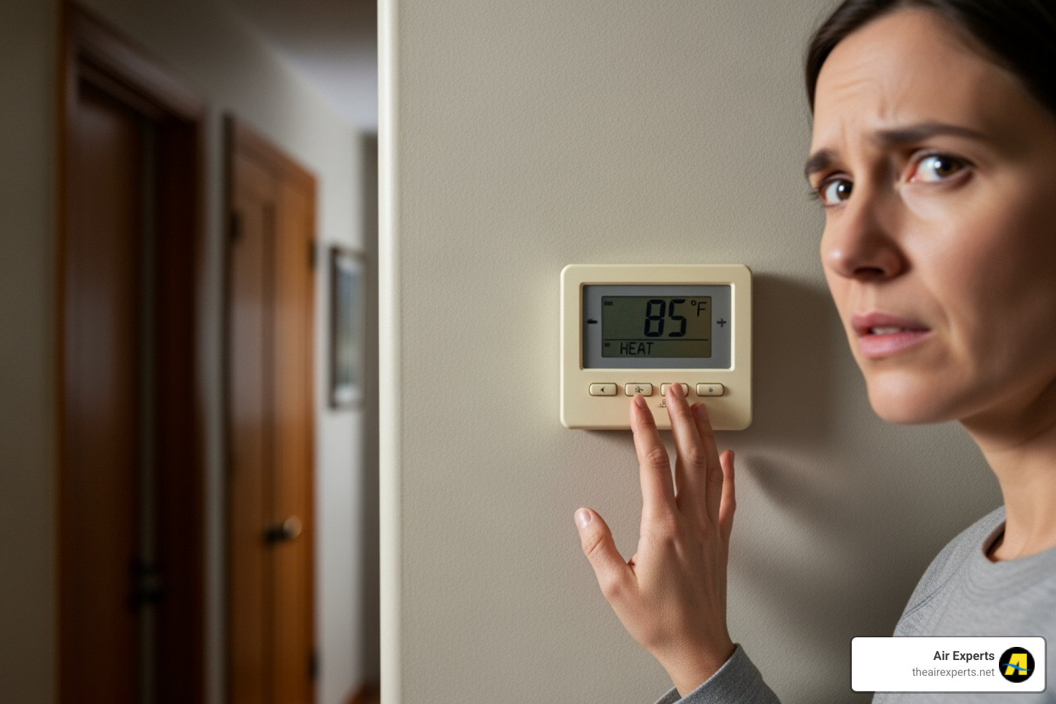 of a homeowner looking concerned at their thermostat - Heat pump repair Birmingham