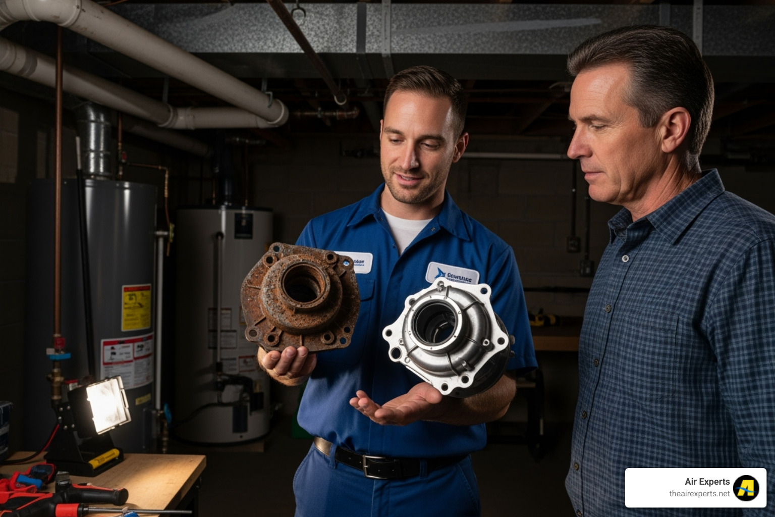 of a technician showing a homeowner an old, corroded part next to a new one - Heat pump repair Birmingham
