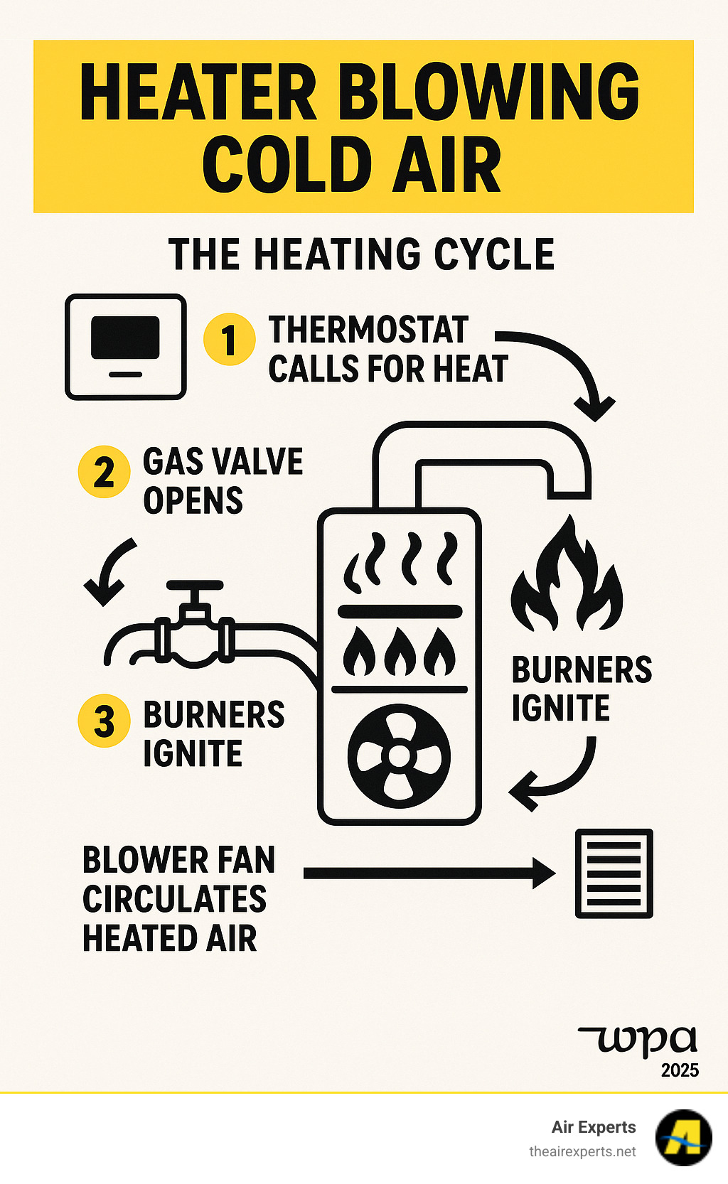 Infographic showing the basic heating cycle: thermostat calls for heat, gas valve opens, burners ignite, heat exchanger warms air, blower fan circulates heated air through ducts to vents throughout the home - heater blowing cold air infographic 