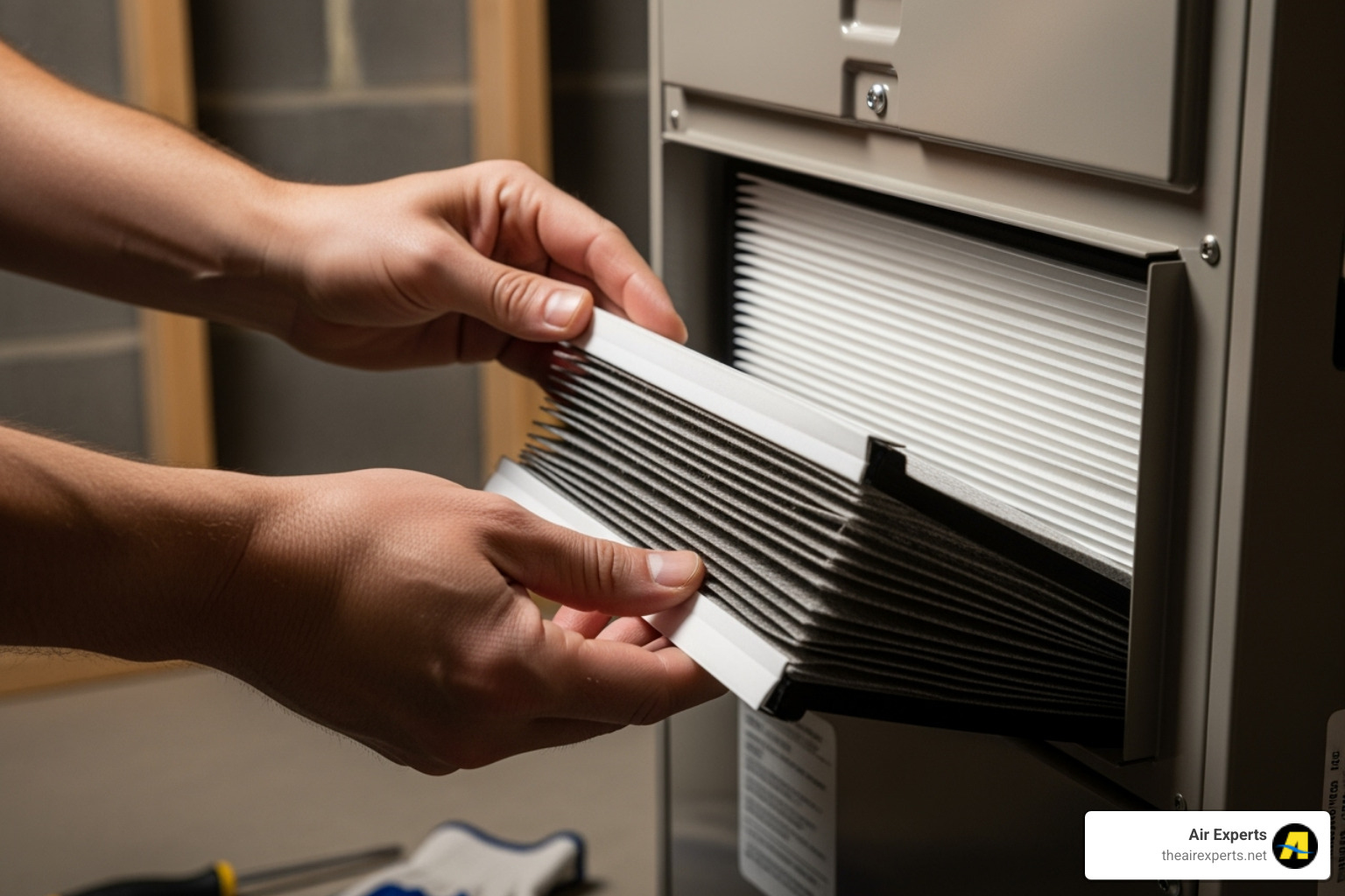 person replacing dirty furnace air filter - heater blowing cold air