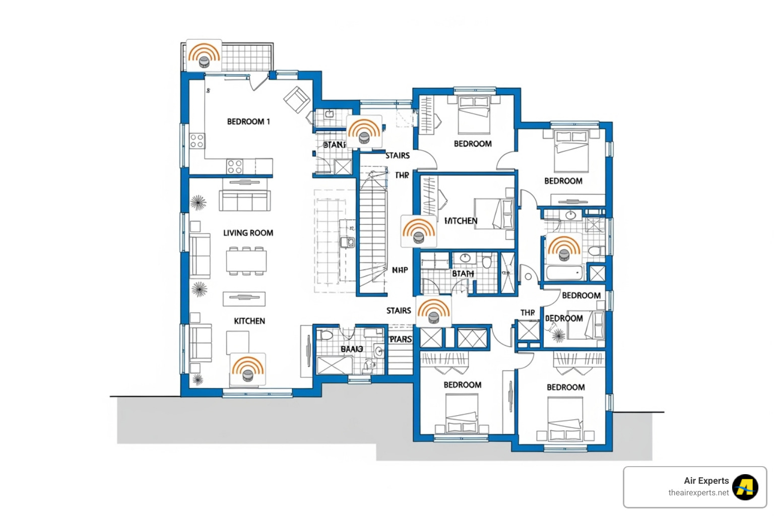 Home floor plan showing correct CO detector placements on each level and near bedrooms - Carbon monoxide detector installation