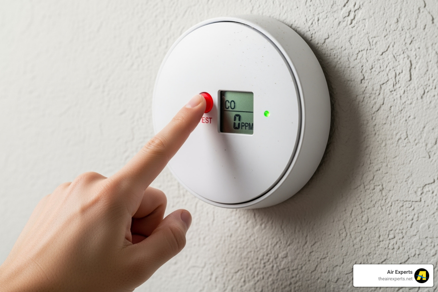 A person pressing the 'test' button on a CO detector - Carbon monoxide detector installation
