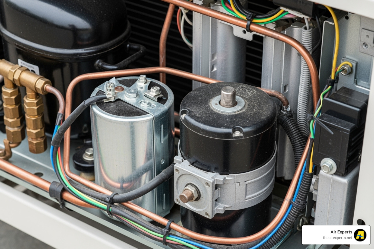 internal components of an outdoor AC unit, highlighting the capacitor and fan motor - outdoor unit not working