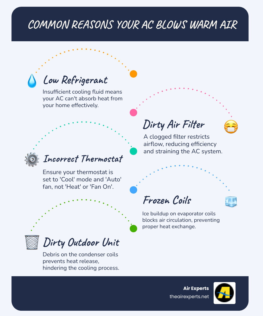 Detailed infographic showing the 7 most common reasons an AC unit blows warm air, including low refrigerant, dirty air filter, incorrect thermostat settings, frozen evaporator coils, electrical issues, a dirty outdoor unit, and a malfunctioning compressor, with small icons for each. - AC blowing warm air infographic infographic-line-5-steps-blues-accent_colors