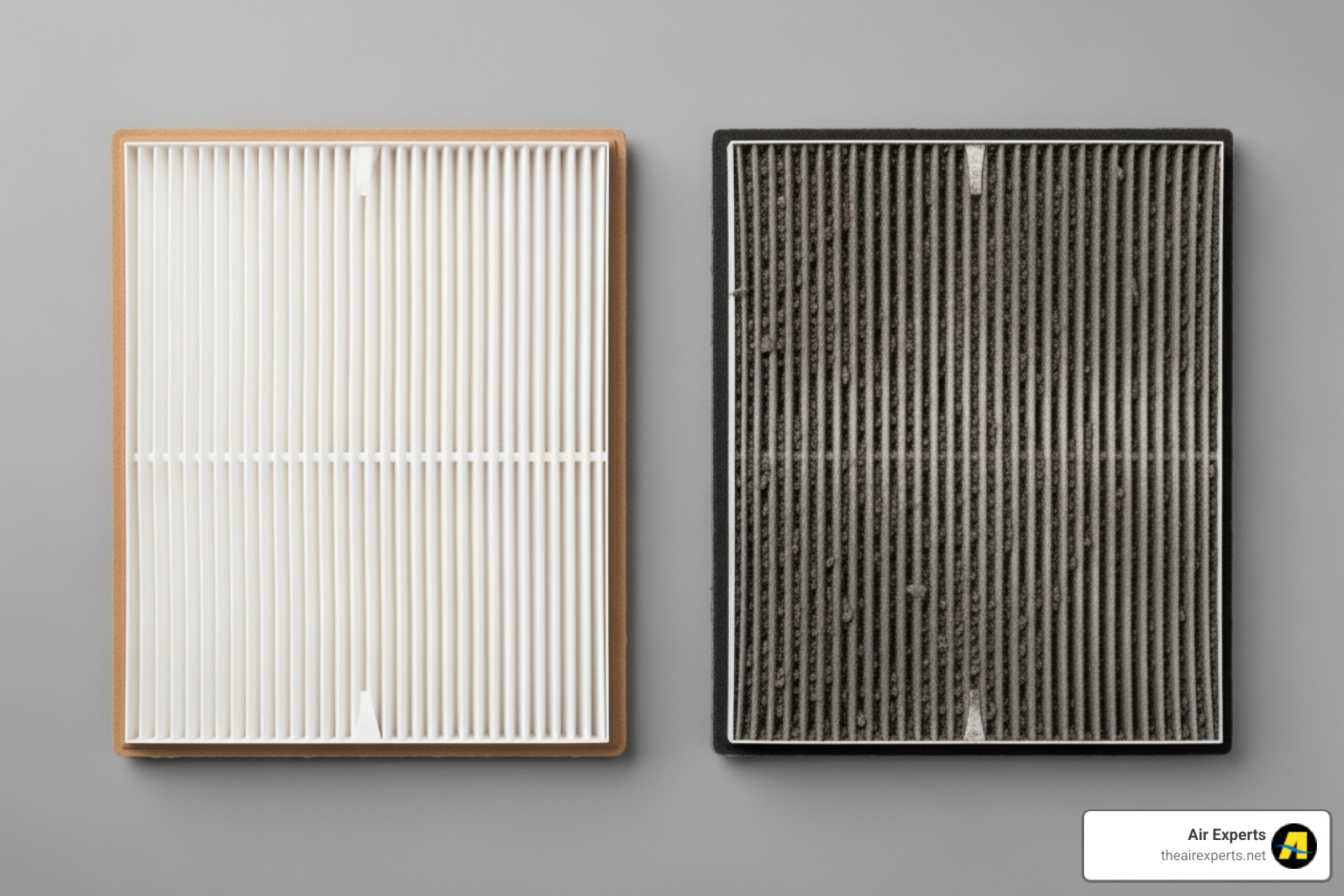 comparing a clean air filter to a dirty, clogged one - AC blowing warm air