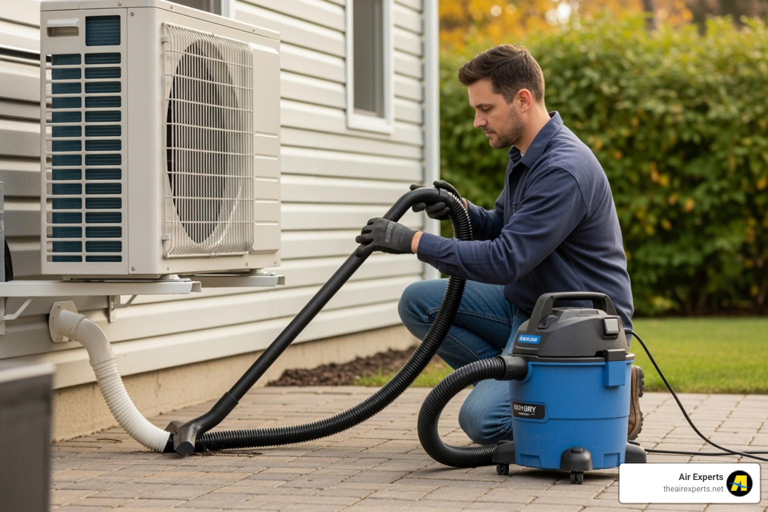 person using wet/dry vac on outdoor drain line - Mini split leaking water