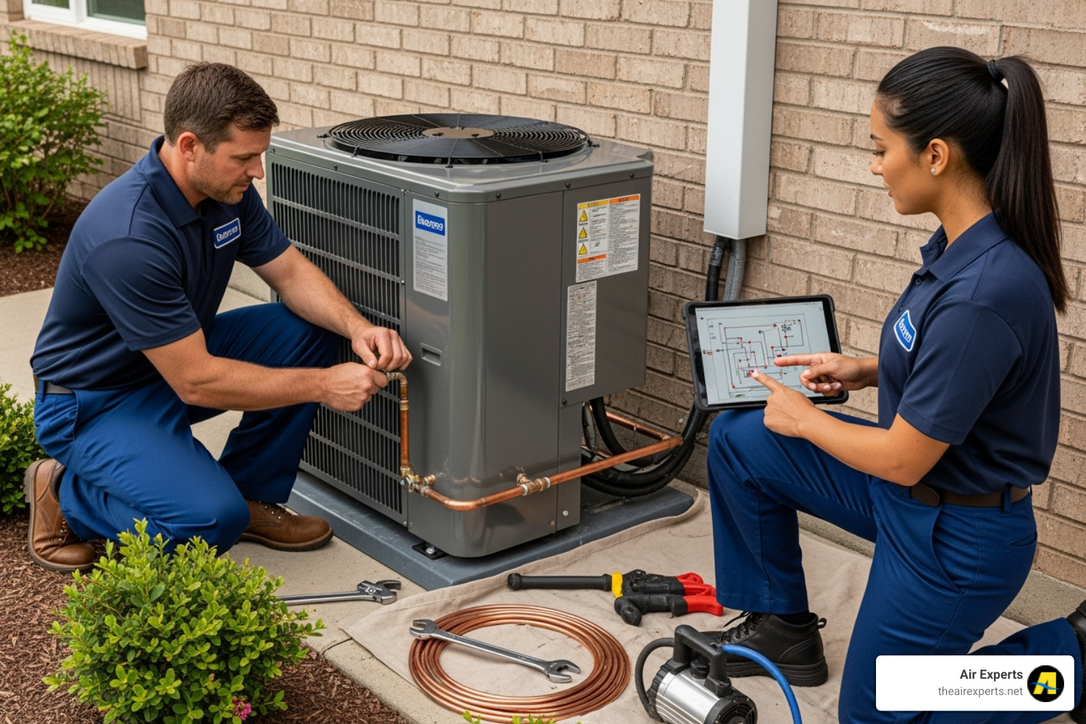 HVAC team installing outdoor condenser unit - heat pump installation price