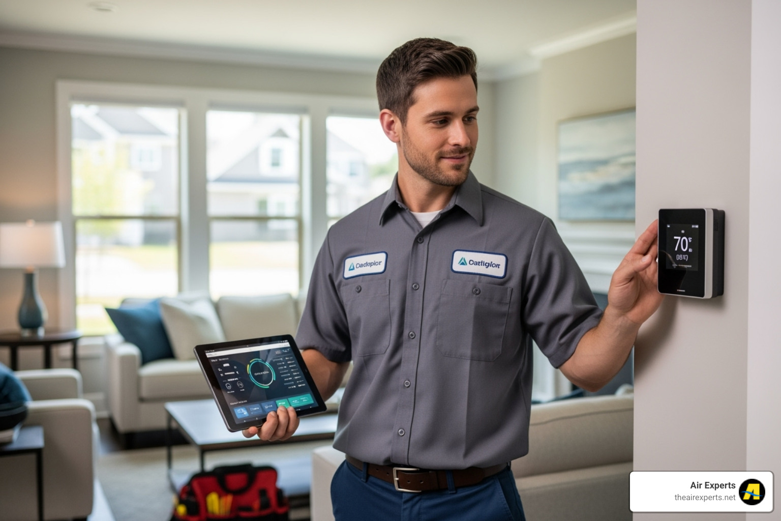 A friendly technician assessing a home's heating needs, holding a tablet and looking at a thermostat - electric furnace installation