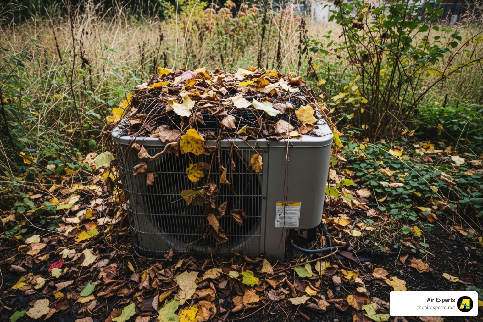 dirty outdoor heat pump unit covered in leaves - heat pump not cooling