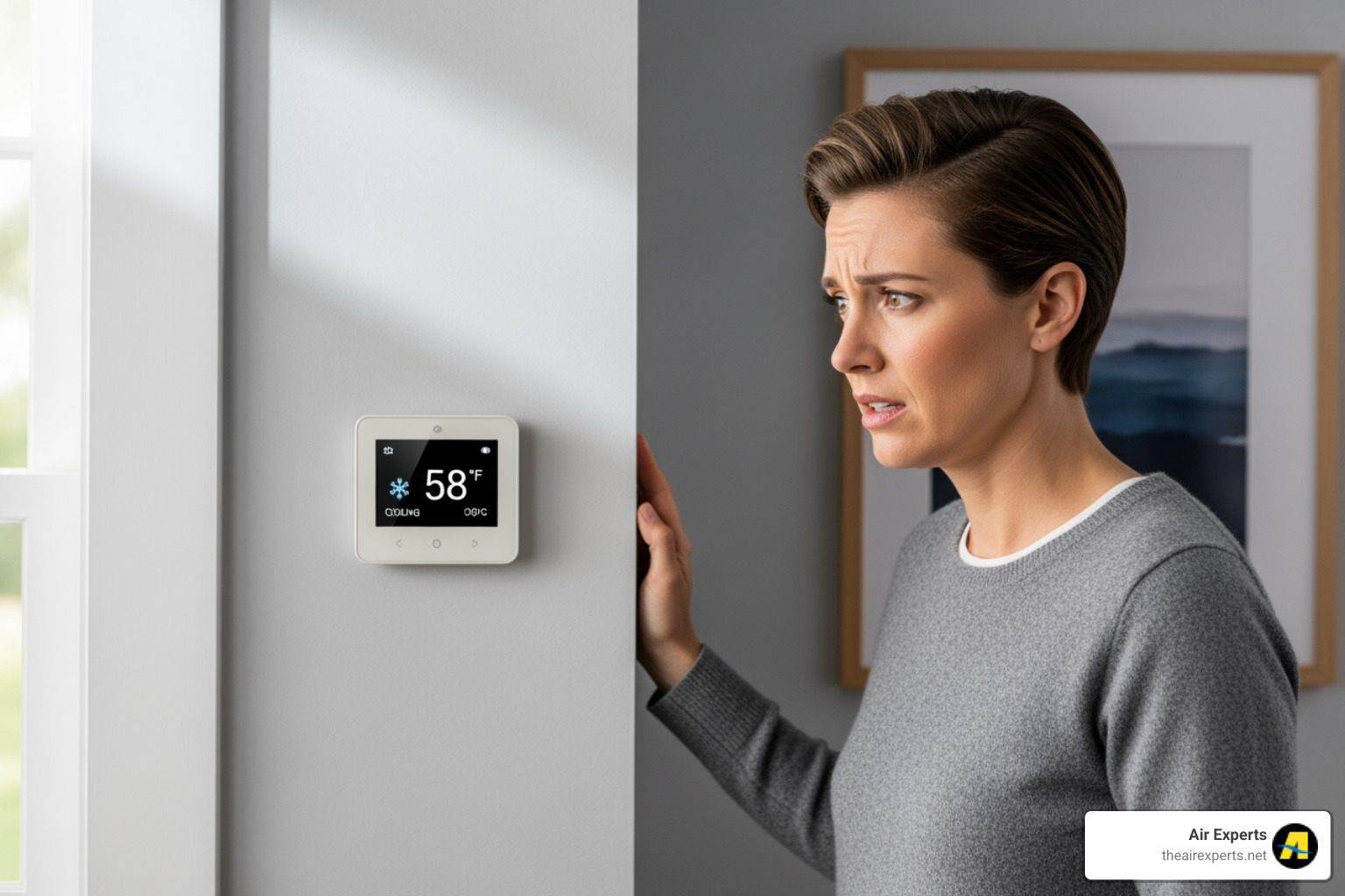 A homeowner looking concerned at their thermostat - Heat pump service Riverside A homeowner looking concerned at their thermostat - Heat pump service Riverside