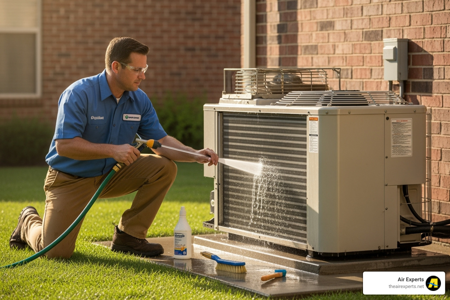 A technician cleaning the coils on an outdoor heat pump unit - Heat pump service Riverside A technician cleaning the coils on an outdoor heat pump unit - Heat pump service Riverside