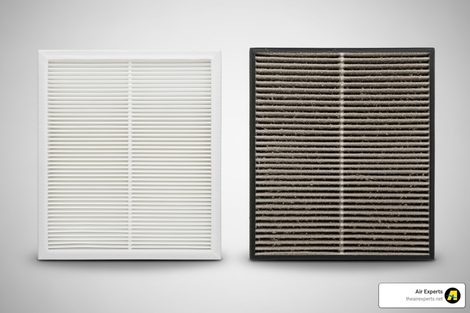 Clean air filter next to a dirty one - HVAC system repair