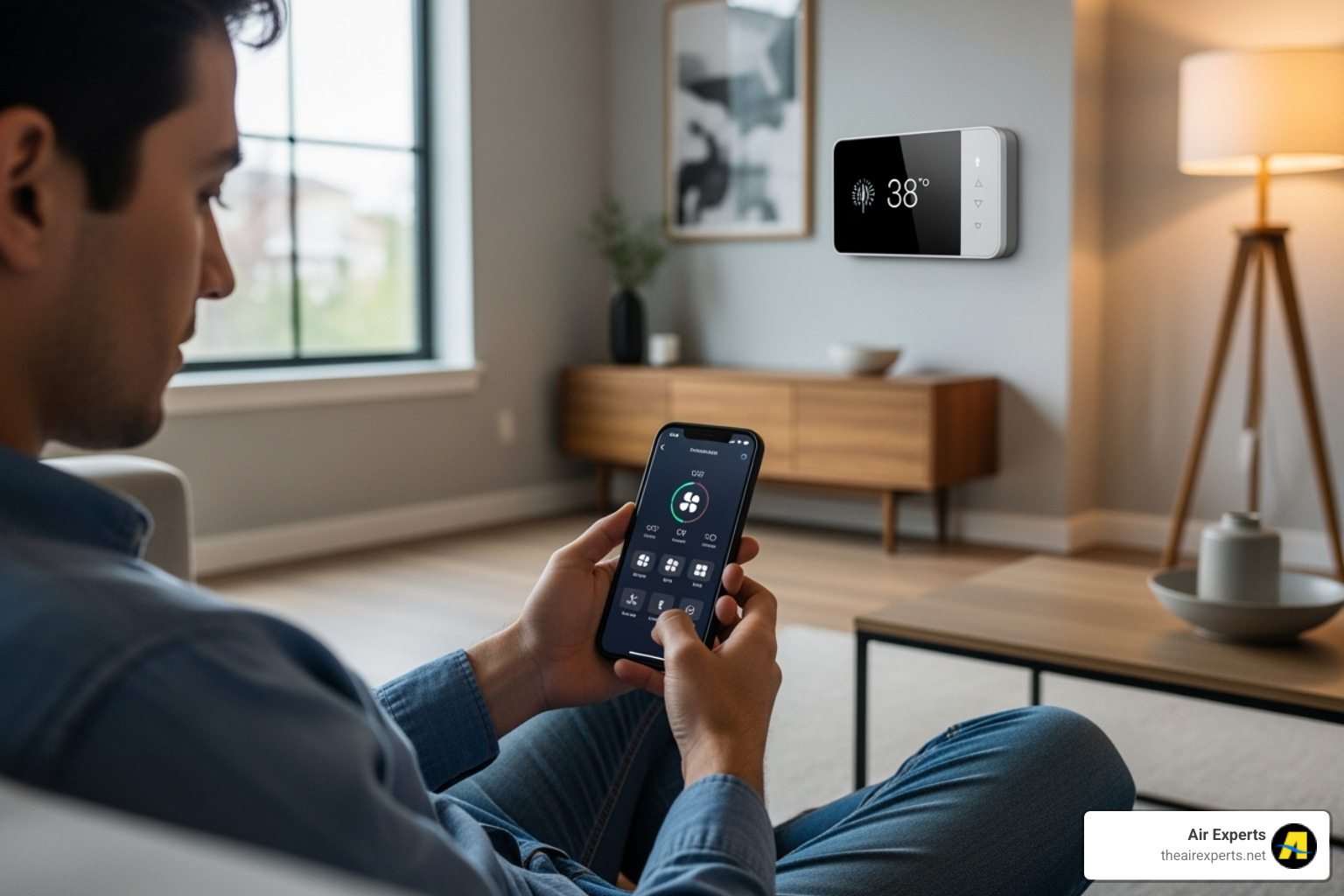 Homeowner using a smart thermostat on their phone - HVAC system repair