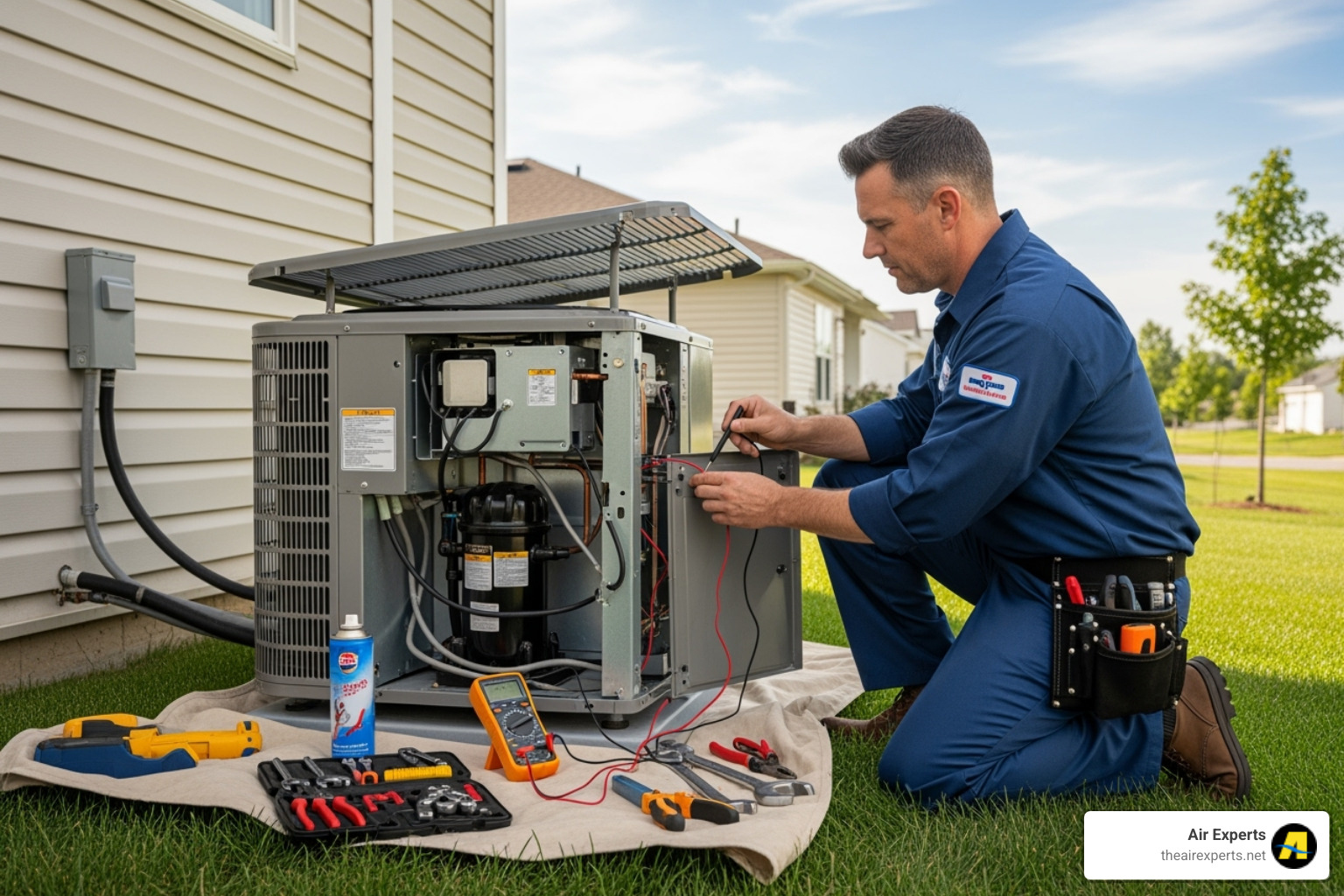 a technician performing a tune-up on an AC unit - ac service sylacauga al