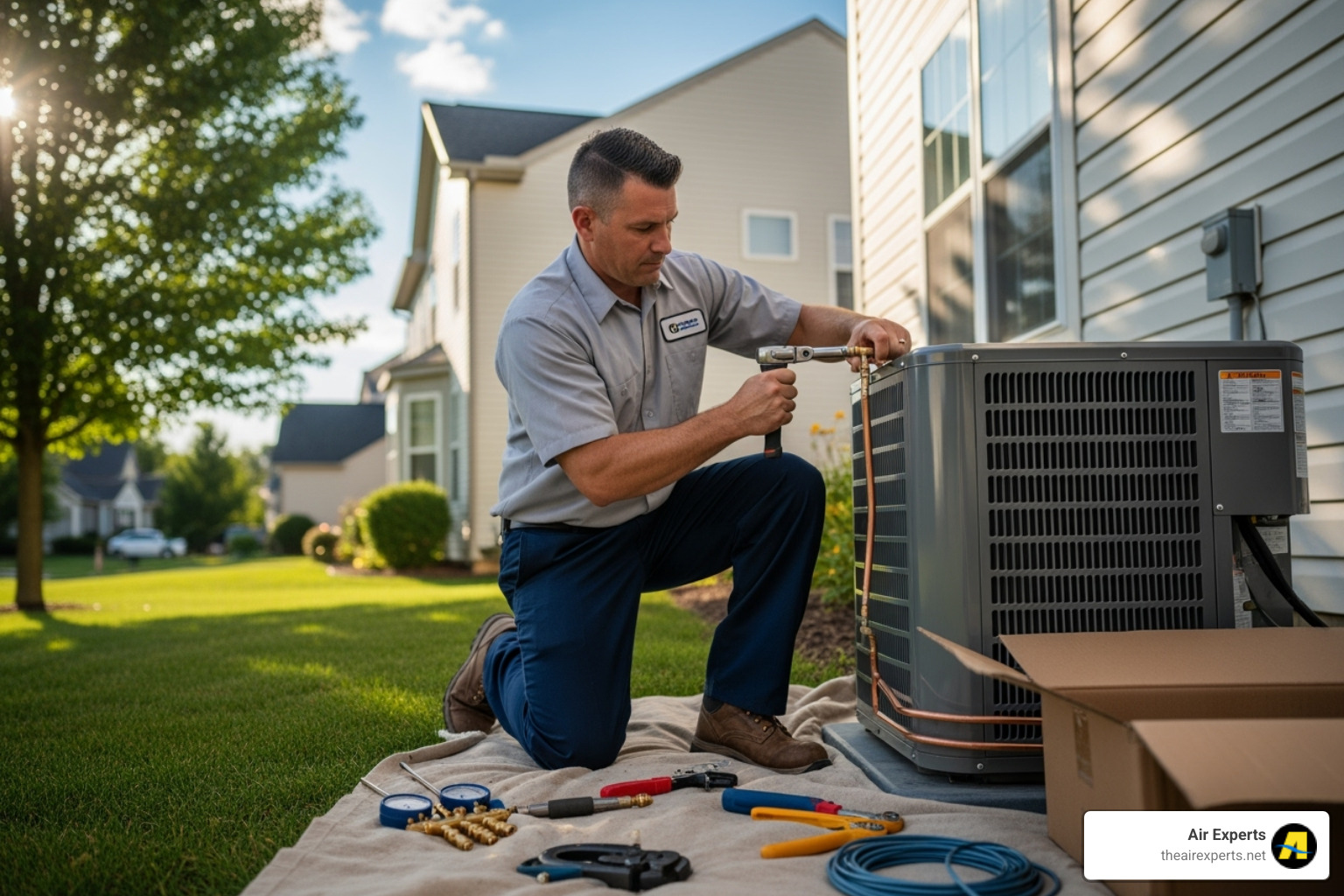 professional technician installing an outdoor AC unit - ac installation birmingham al