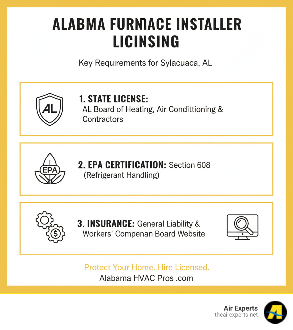 Infographic showing the licensing requirements for furnace installers in Alabama, including the Alabama Board of Heating, Air Conditioning and Refrigeration Contractors license, EPA Section 608 certification, insurance requirements, and the verification process through the state board website - licensed furnace installers sylacauga al infographic 
