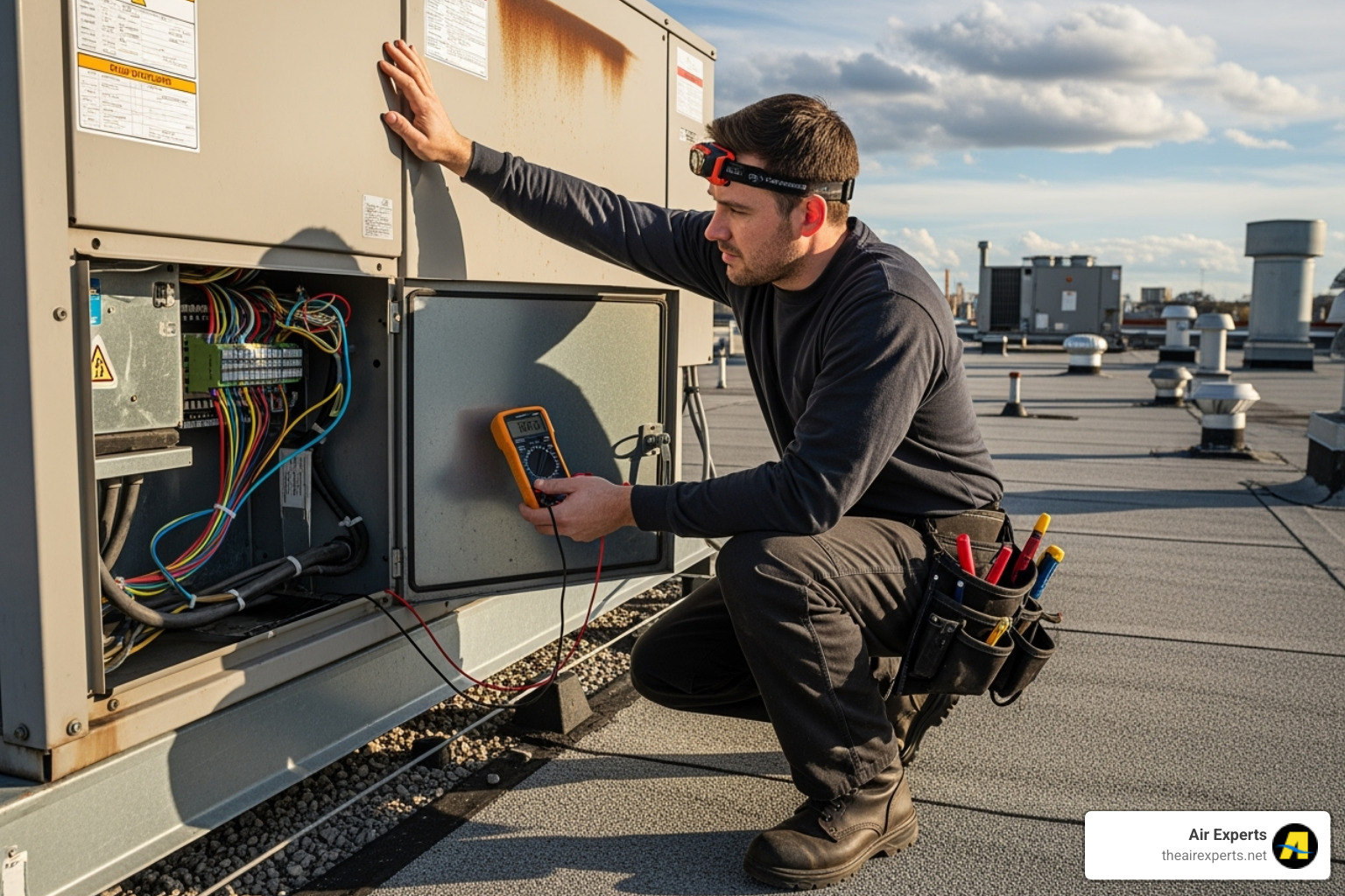 technician inspecting a commercial rooftop HVAC unit - commercial indoor air quality chelsea al