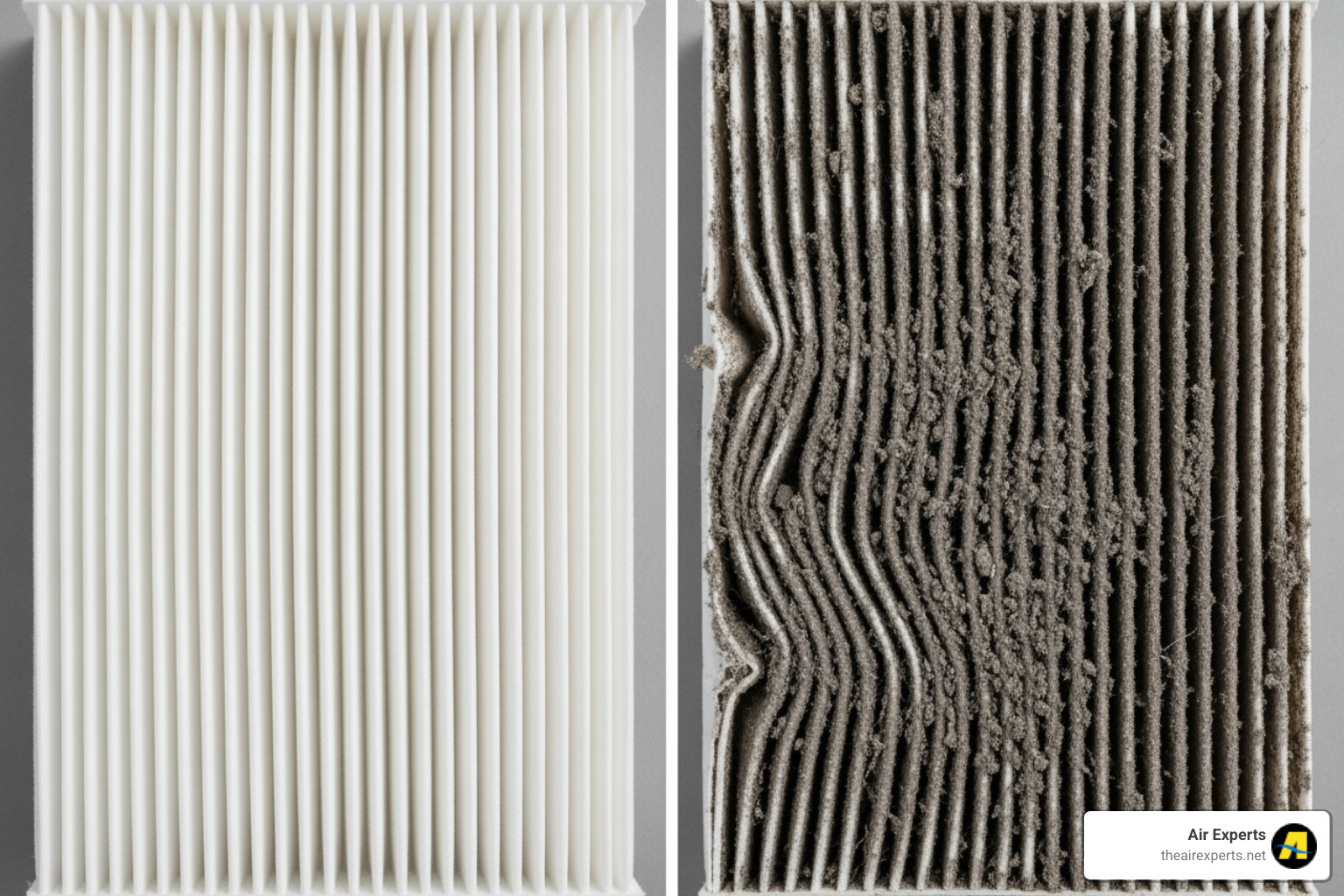 Comparing a dirty, clogged air filter to a new, clean one - home ac tune up trussville al