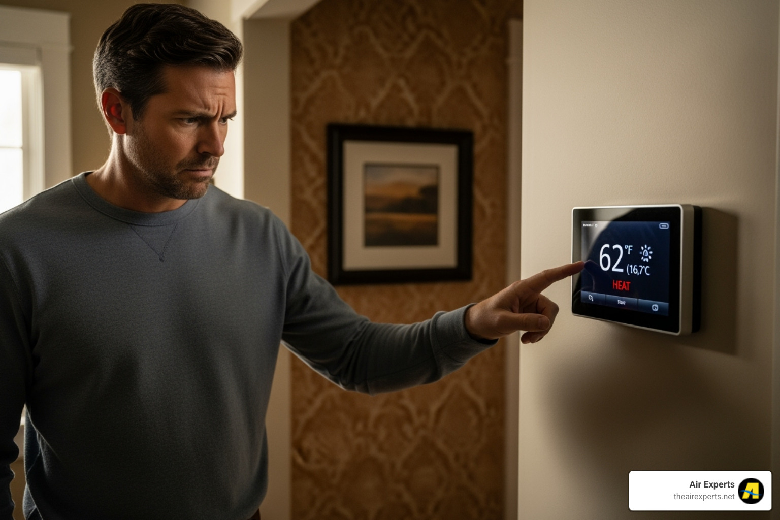 Homeowner looking concerned at their thermostat - home ac tune up trussville al