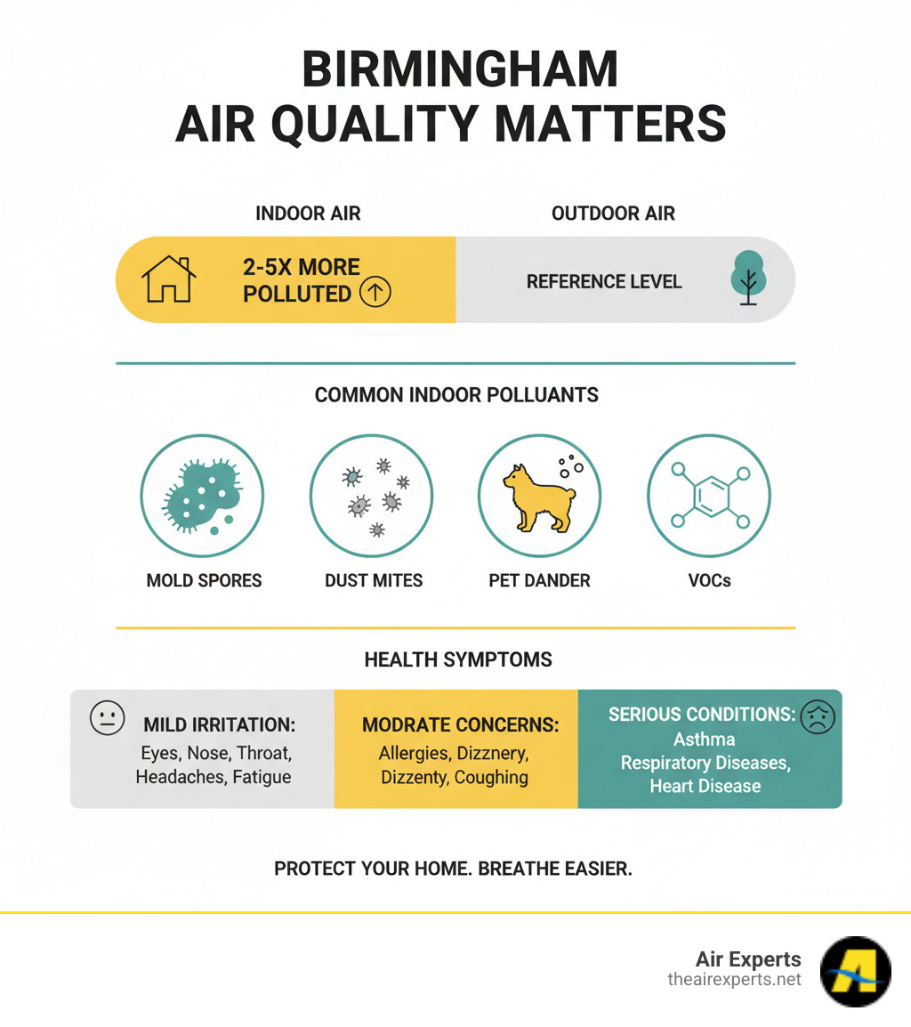 Infographic showing indoor vs outdoor air pollution levels, common Birmingham indoor pollutants including mold spores, dust mites, pet dander, and VOCs, plus health symptoms of poor air quality ranging from mild irritation to serious respiratory conditions - indoor air quality testing birmingham al infographic  Infographic showing indoor vs outdoor air pollution levels, common Birmingham indoor pollutants including mold spores, dust mites, pet dander, and VOCs, plus health symptoms of poor air quality ranging from mild irritation to serious respiratory conditions - indoor air quality testing birmingham al infographic