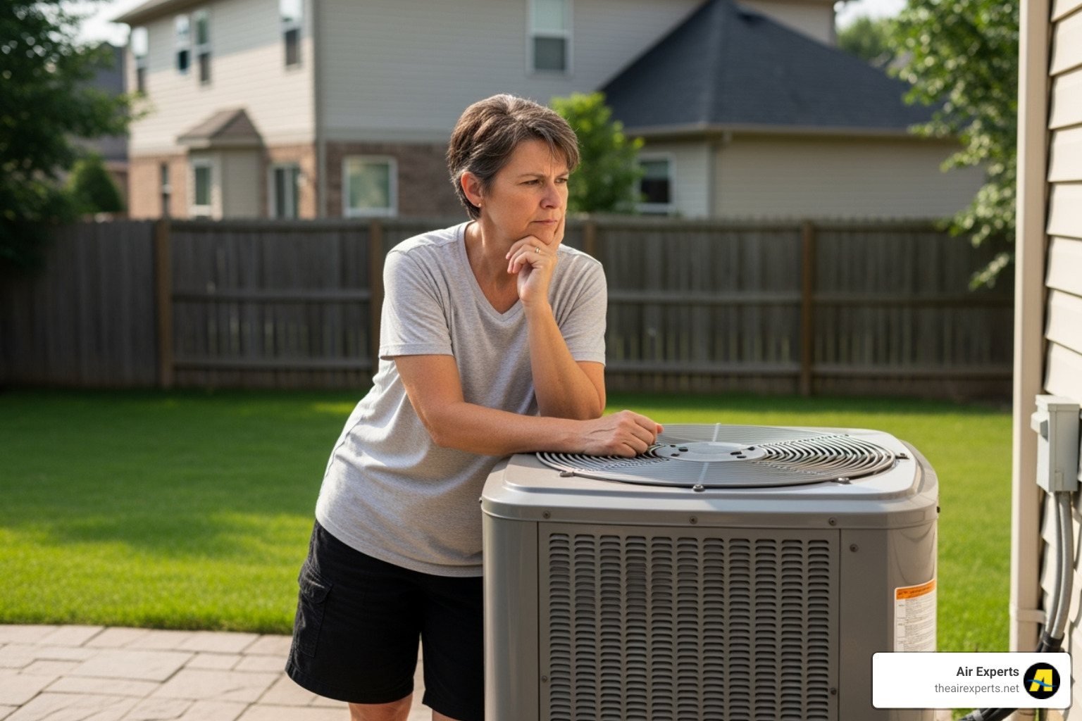 homeowner looking thoughtfully at their AC unit - ac system upgrade birmingham al homeowner looking thoughtfully at their AC unit - ac system upgrade birmingham al
