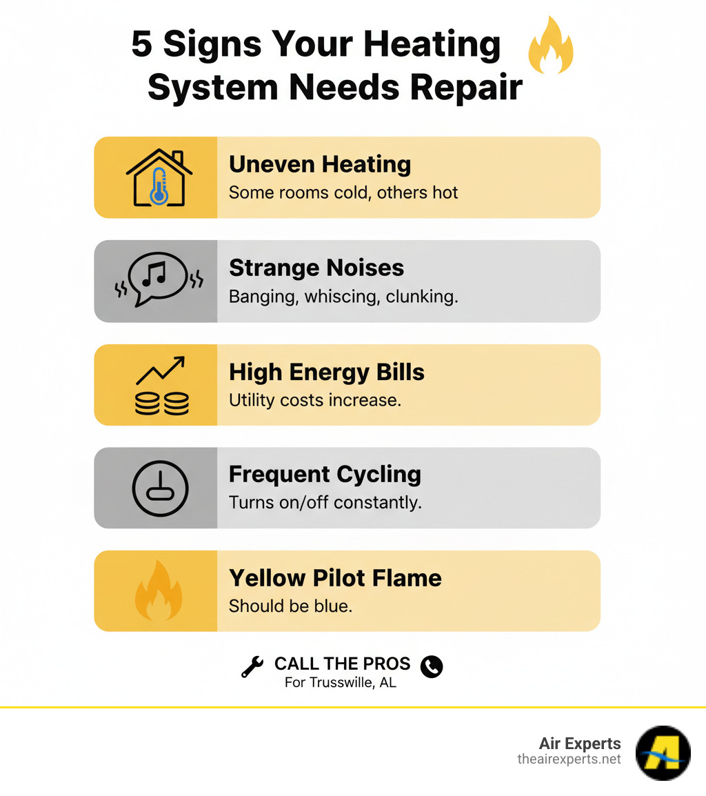 Infographic showing the top 5 signs your heating system needs professional repair: uneven heating throughout your home, strange noises like banging or whistling, unexplained increases in energy bills, frequent on-off cycling, and yellow pilot light flames - licensed heating repair trussville al infographic 
