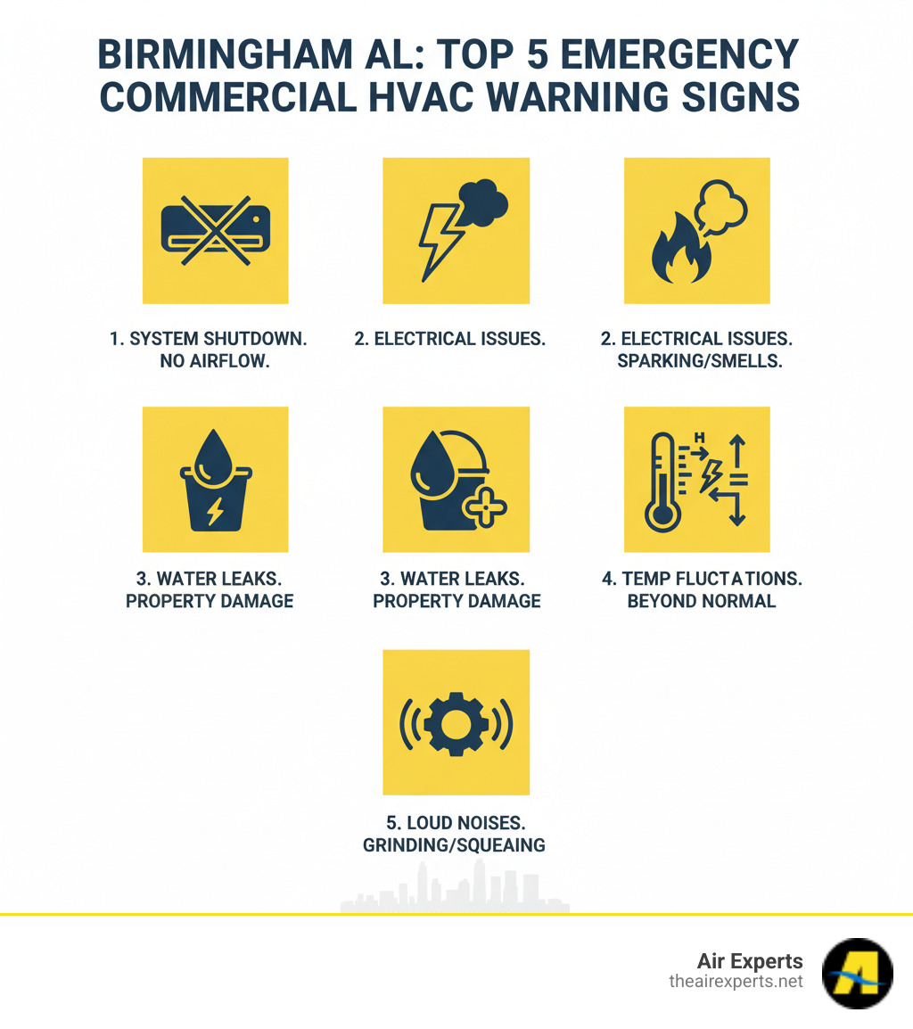 Infographic showing the top 5 emergency commercial HVAC warning signs in Birmingham AL: complete system shutdown with no air flow, electrical issues like sparking or burning smells, water leaks causing property damage, extreme temperature fluctuations beyond normal ranges, and loud grinding or squealing noises from the unit - emergency commercial hvac repair birmingham al infographic  Infographic showing the top 5 emergency commercial HVAC warning signs in Birmingham AL: complete system shutdown with no air flow, electrical issues like sparking or burning smells, water leaks causing property damage, extreme temperature fluctuations beyond normal ranges, and loud grinding or squealing noises from the unit - emergency commercial hvac repair birmingham al infographic