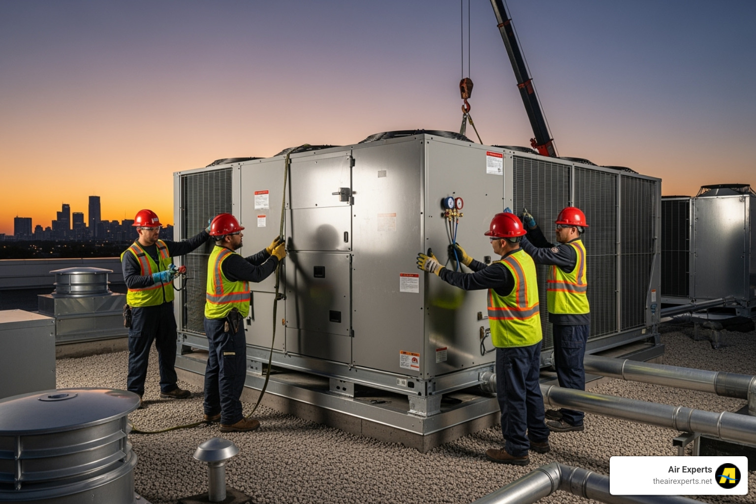 technicians safely working on a commercial HVAC installation project - HVAC installation Birmingham