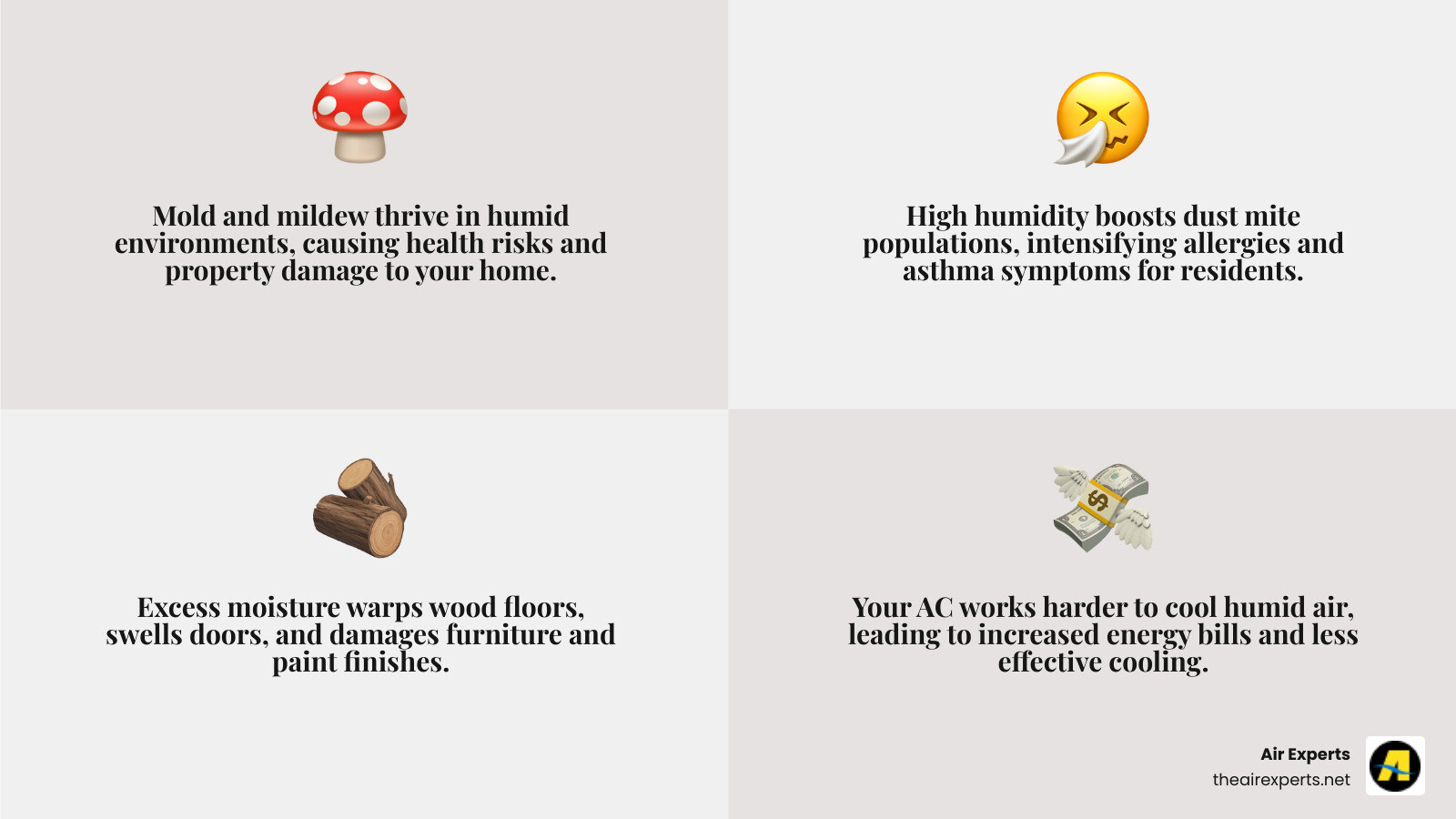 Infographic showing the negative effects of high humidity including mold growth on walls, dust mites in bedding, warped wood floors, condensation on windows, musty odors throughout the home, increased allergy symptoms, and higher energy bills from overworked air conditioning systems - whole home dehumidifier pelham al infographic 4_facts_emoji_grey