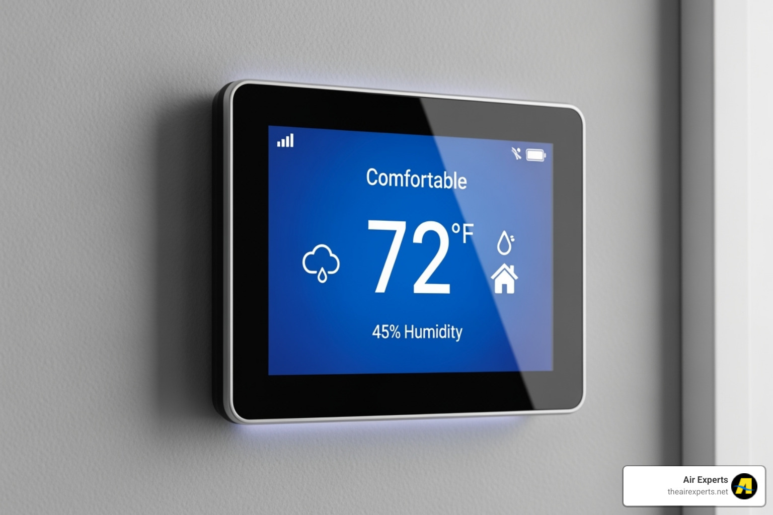 thermostat showing comfortable temperature and ideal humidity level - whole home dehumidifier pelham al