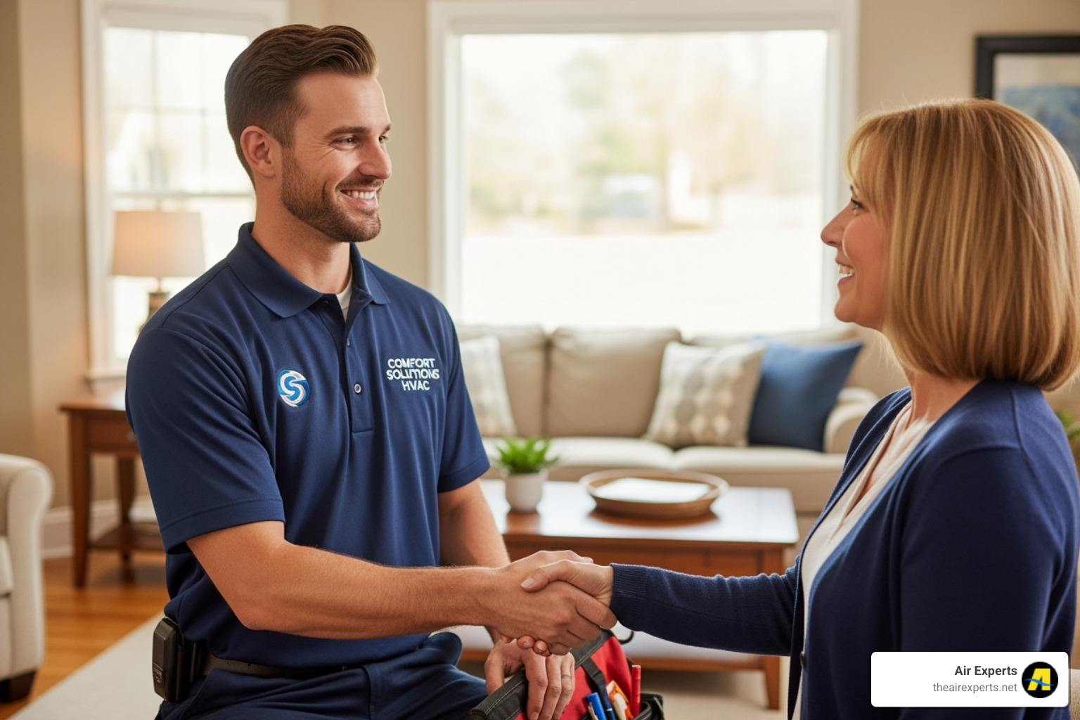 friendly technician shaking hands with a homeowner - central heating system install trussville al