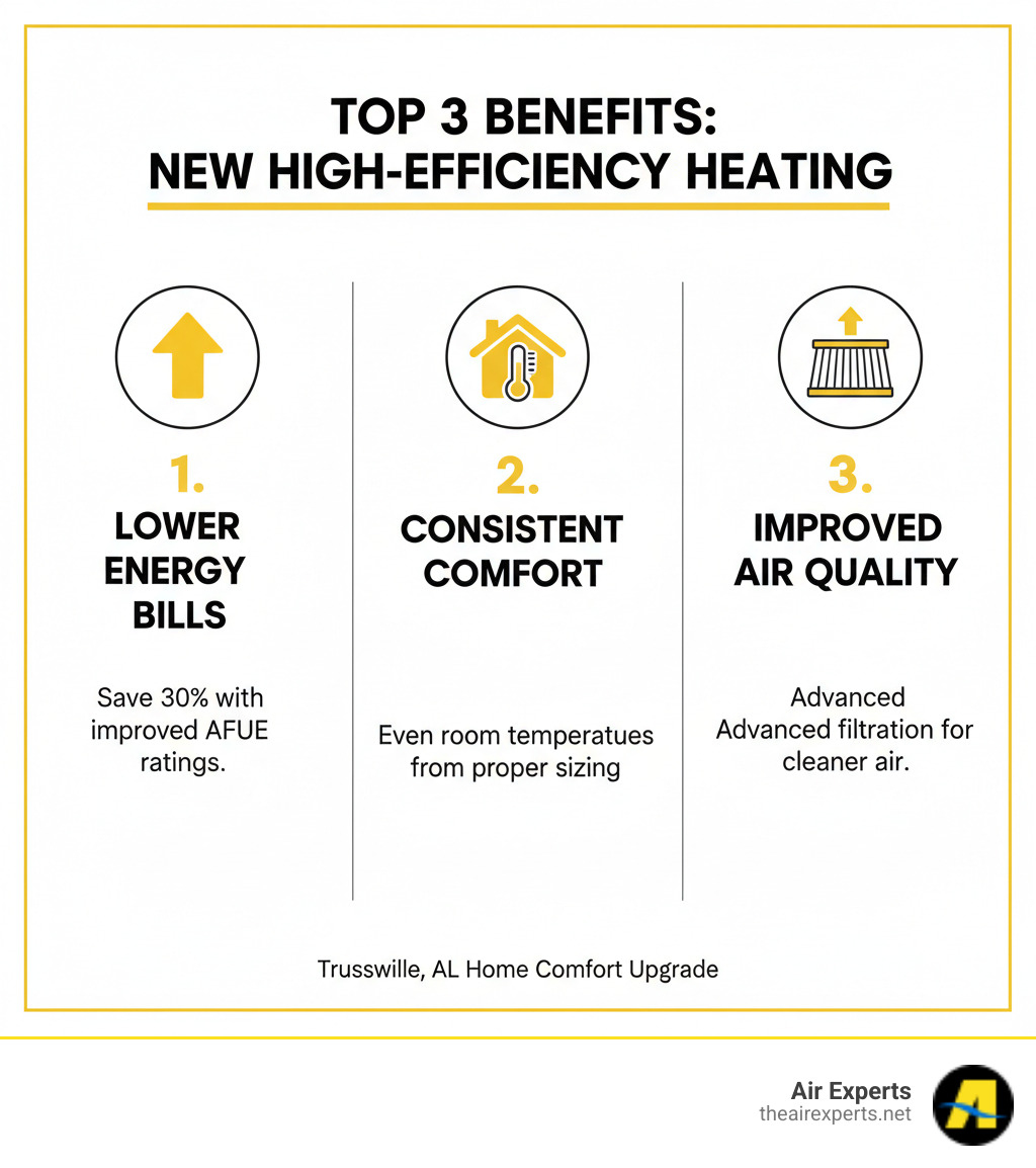 Infographic showing the top 3 benefits of a new high-efficiency heating system: 30% lower energy bills through improved AFUE ratings, consistent room-to-room temperatures with proper sizing and installation, and improved indoor air quality with advanced filtration systems - central heating system install trussville al infographic 