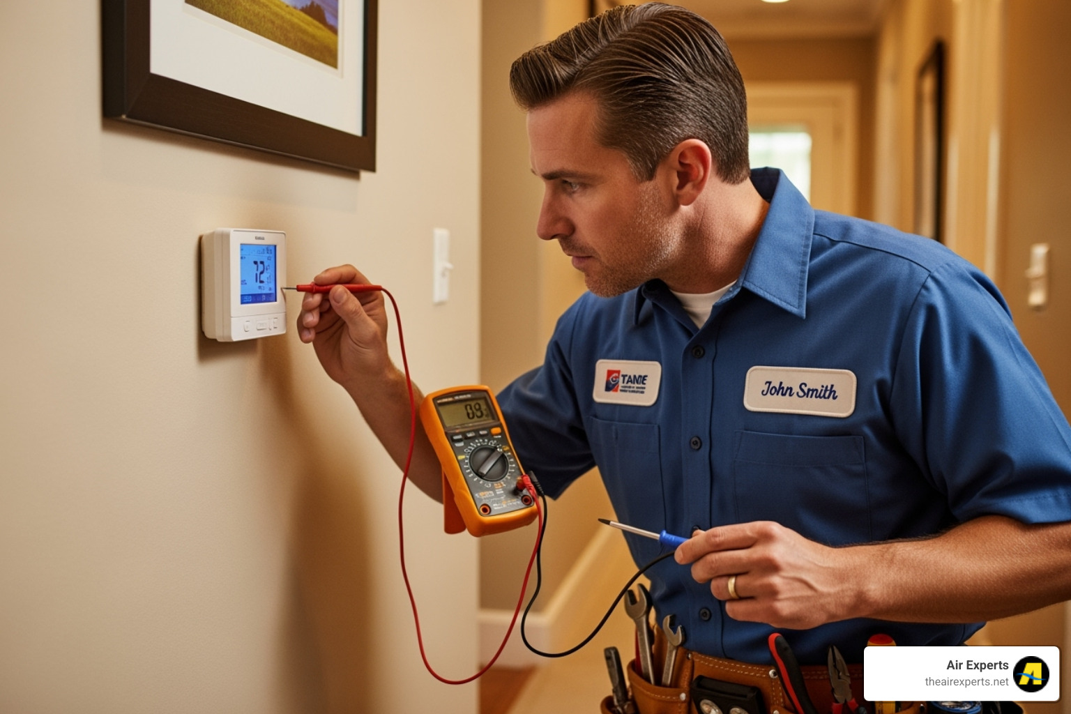 Professional HVAC technician examining a thermostat - thermostat repair heating birmingham al