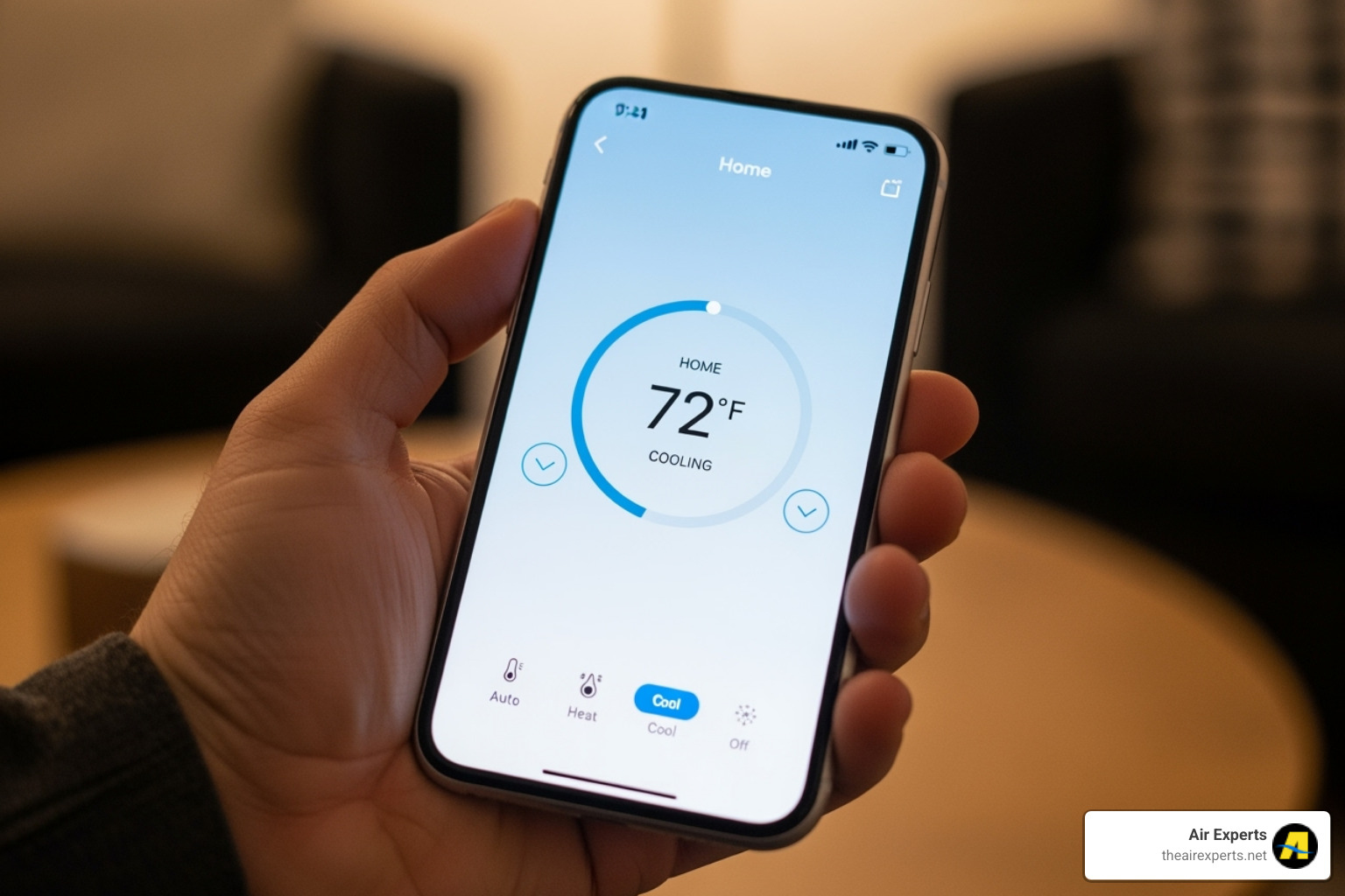Person adjusting home temperature from a smartphone - thermostat repair heating birmingham al