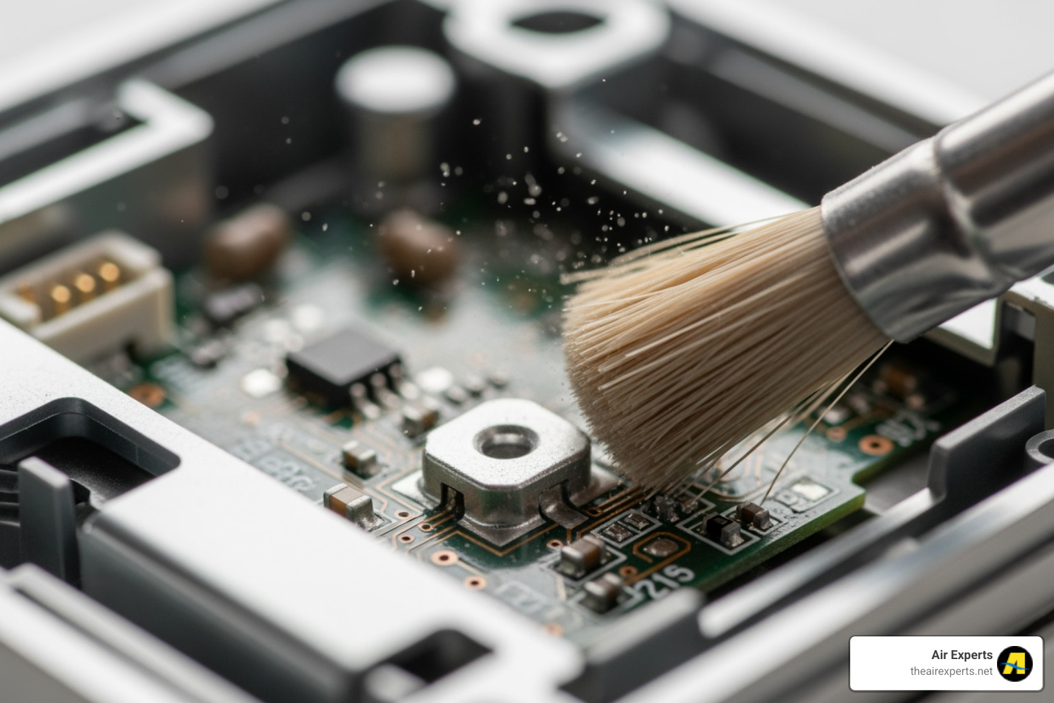 Soft brush cleaning the inside of a thermostat cover - thermostat repair heating birmingham al