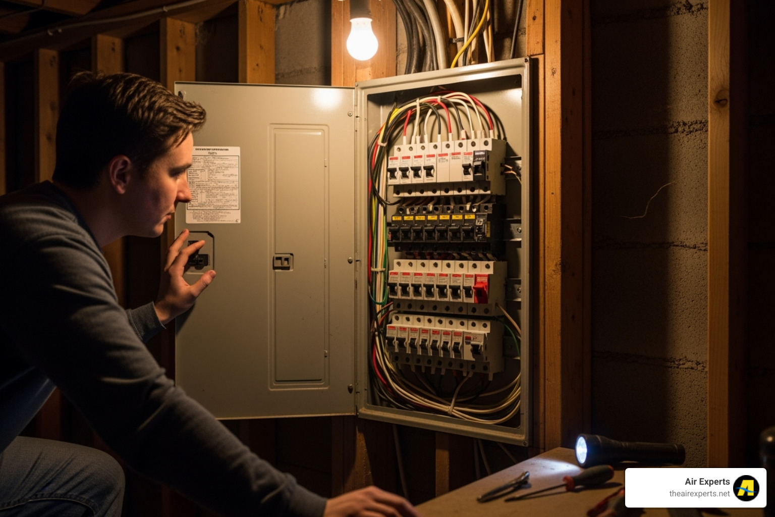 Homeowner checking the circuit breaker panel for the HVAC system - thermostat repair heating birmingham al