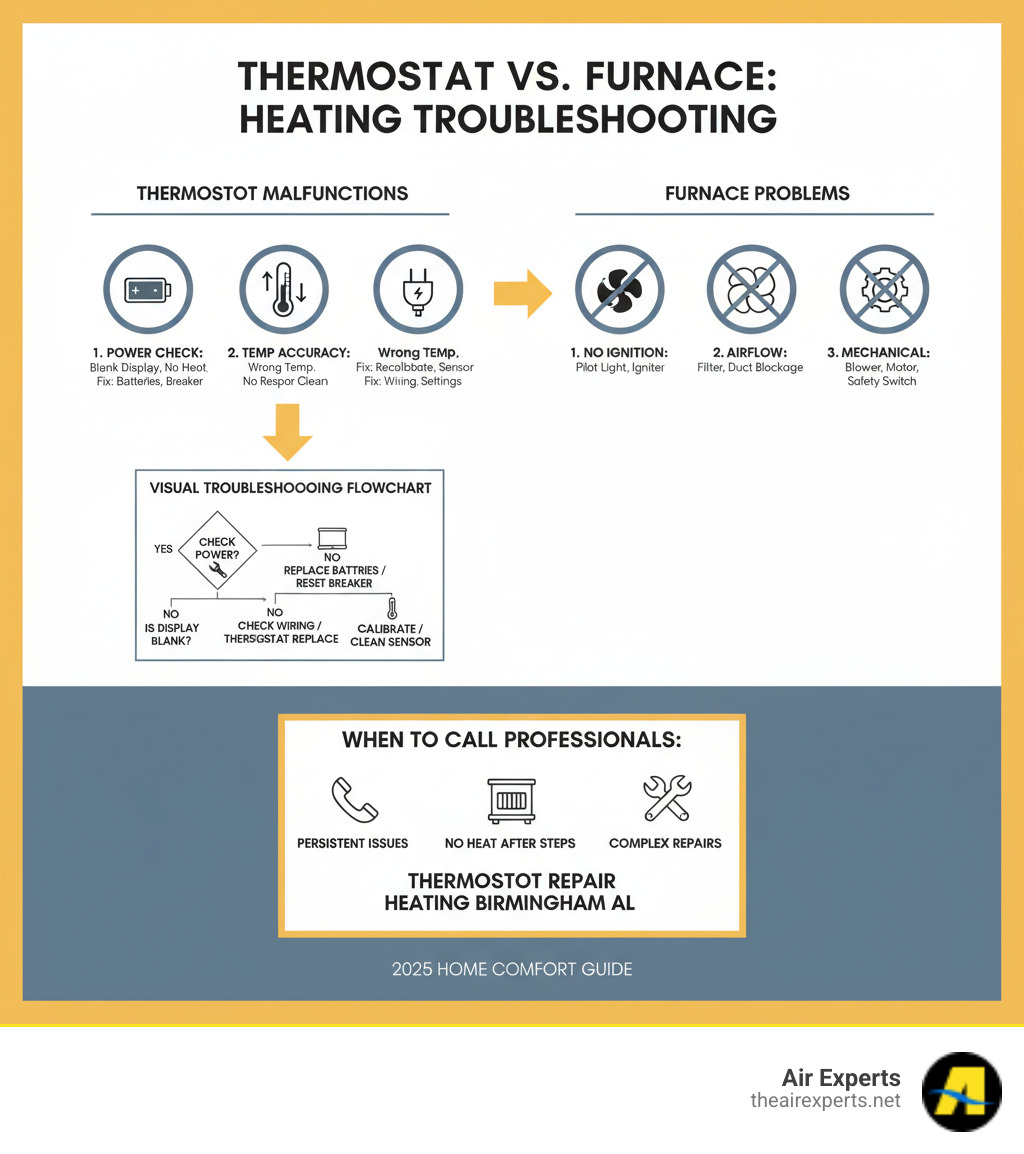 Detailed infographic showing the difference between thermostat malfunctions versus furnace problems, including visual troubleshooting flowchart with power checks, display issues, temperature accuracy problems, and when to call professionals for thermostat repair heating Birmingham AL - thermostat repair heating birmingham al infographic 